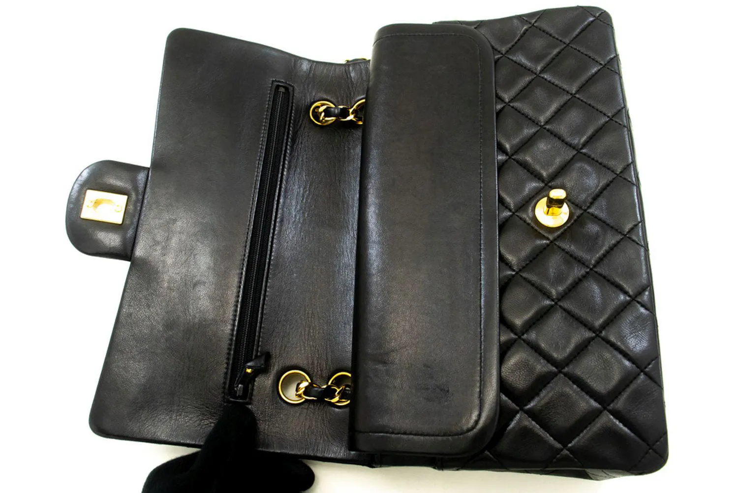 CHANEL Classic Double Flap 10" Chain Shoulder Bag Black Lambskin p31