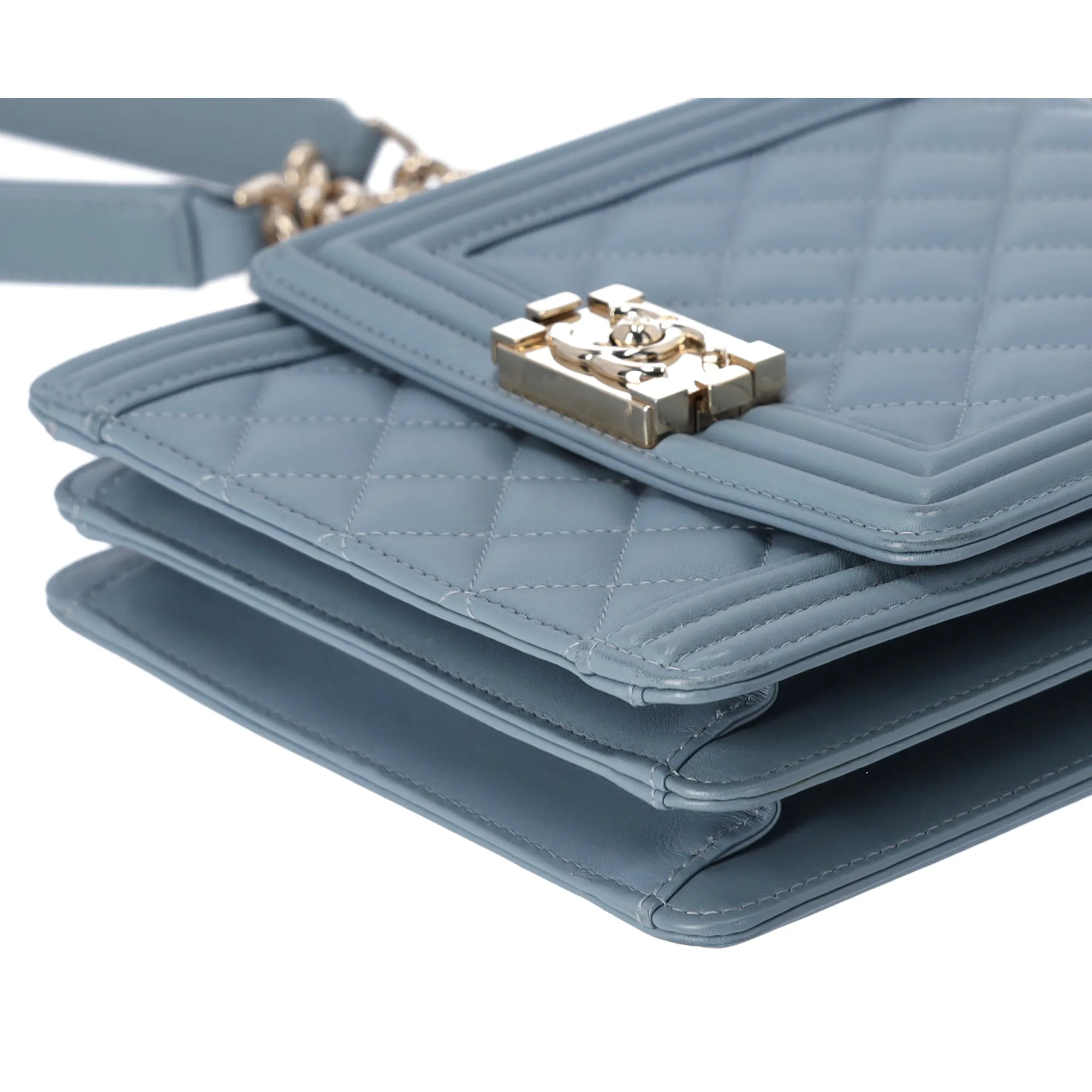 CHANEL Le Boy North South Matelasse Shoulder Bag Light Blue Quilted Lambskin