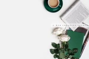 Coffee, Roses & Book on White Background. Digital Stock Image