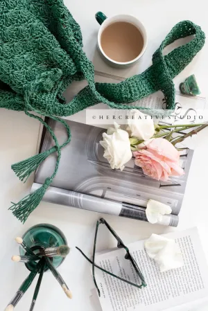 Coffee, Roses & Paintbrushes. Styled Stock Image
