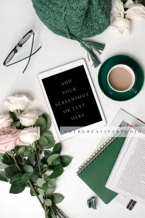 Coffee, Tote & Tablet. Styled Stock Image