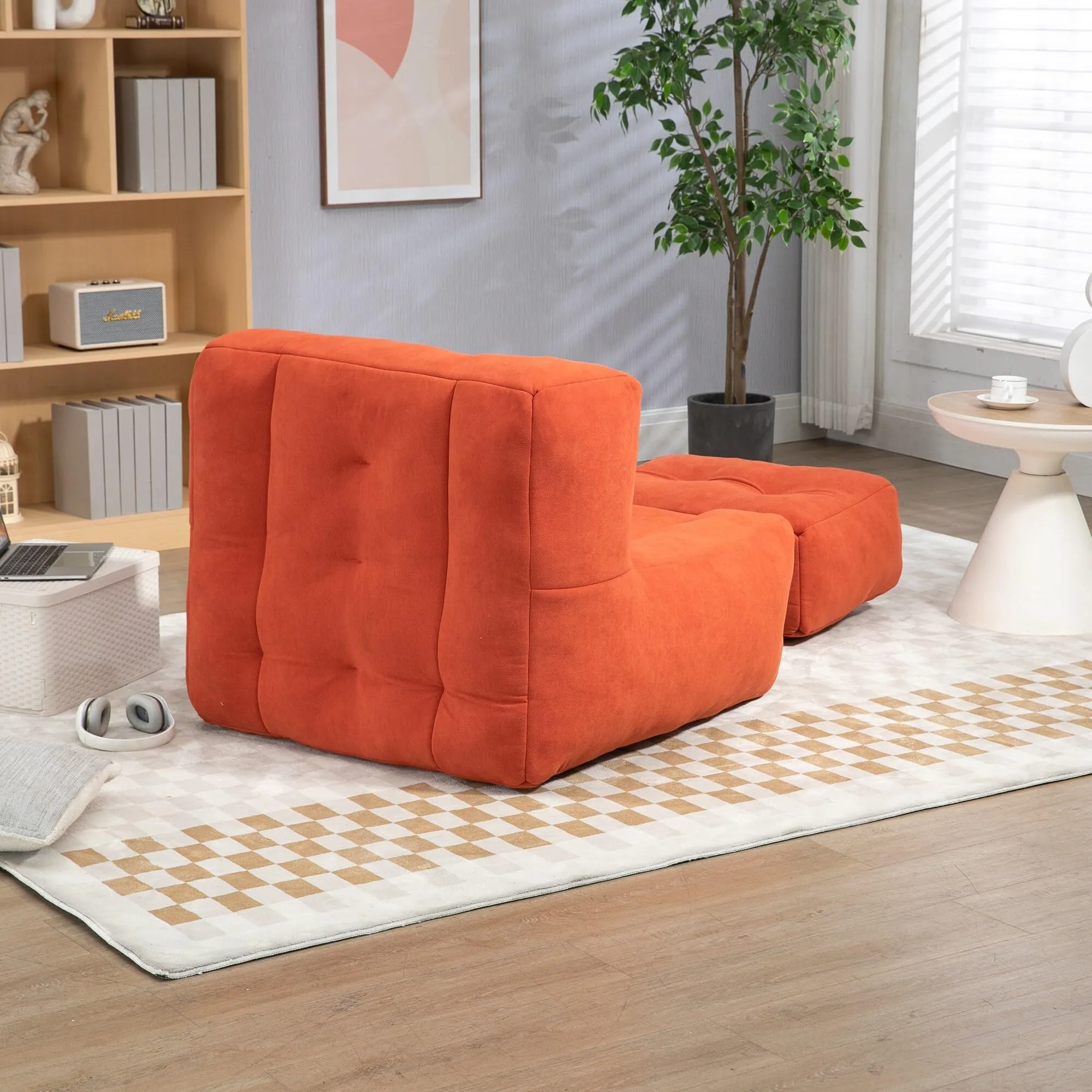 Fluffy Bean Bag Chair Lazy ofa with Memory Foam and Ottoman Use Red