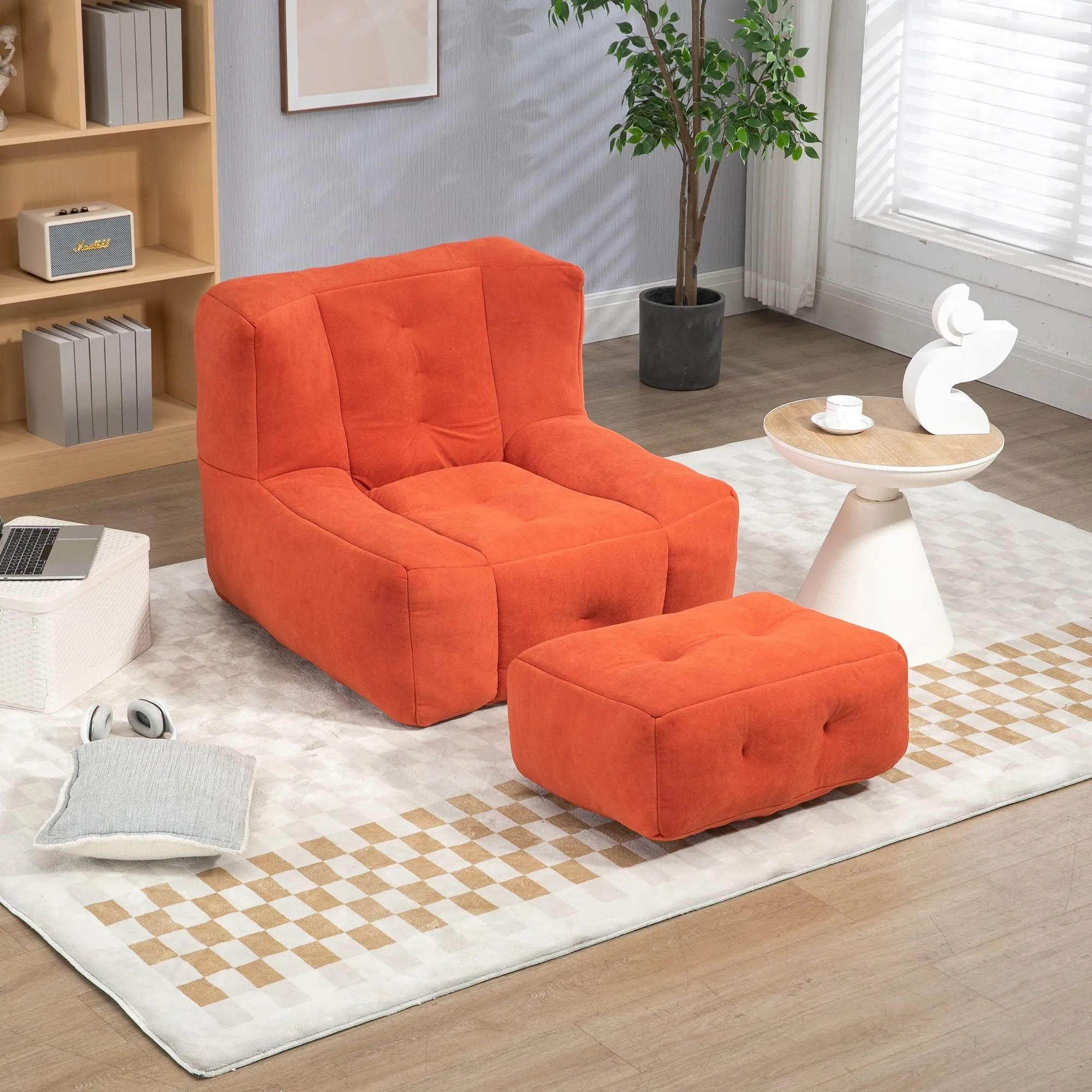 Fluffy Bean Bag Chair Lazy ofa with Memory Foam and Ottoman Use Red