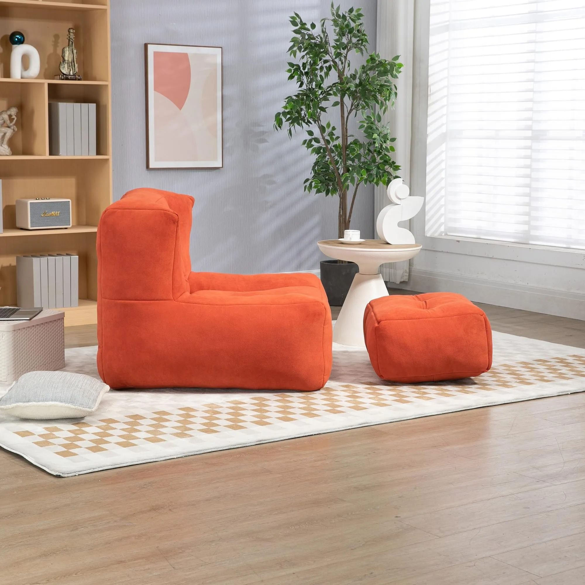 Fluffy Bean Bag Chair Lazy ofa with Memory Foam and Ottoman Use Red
