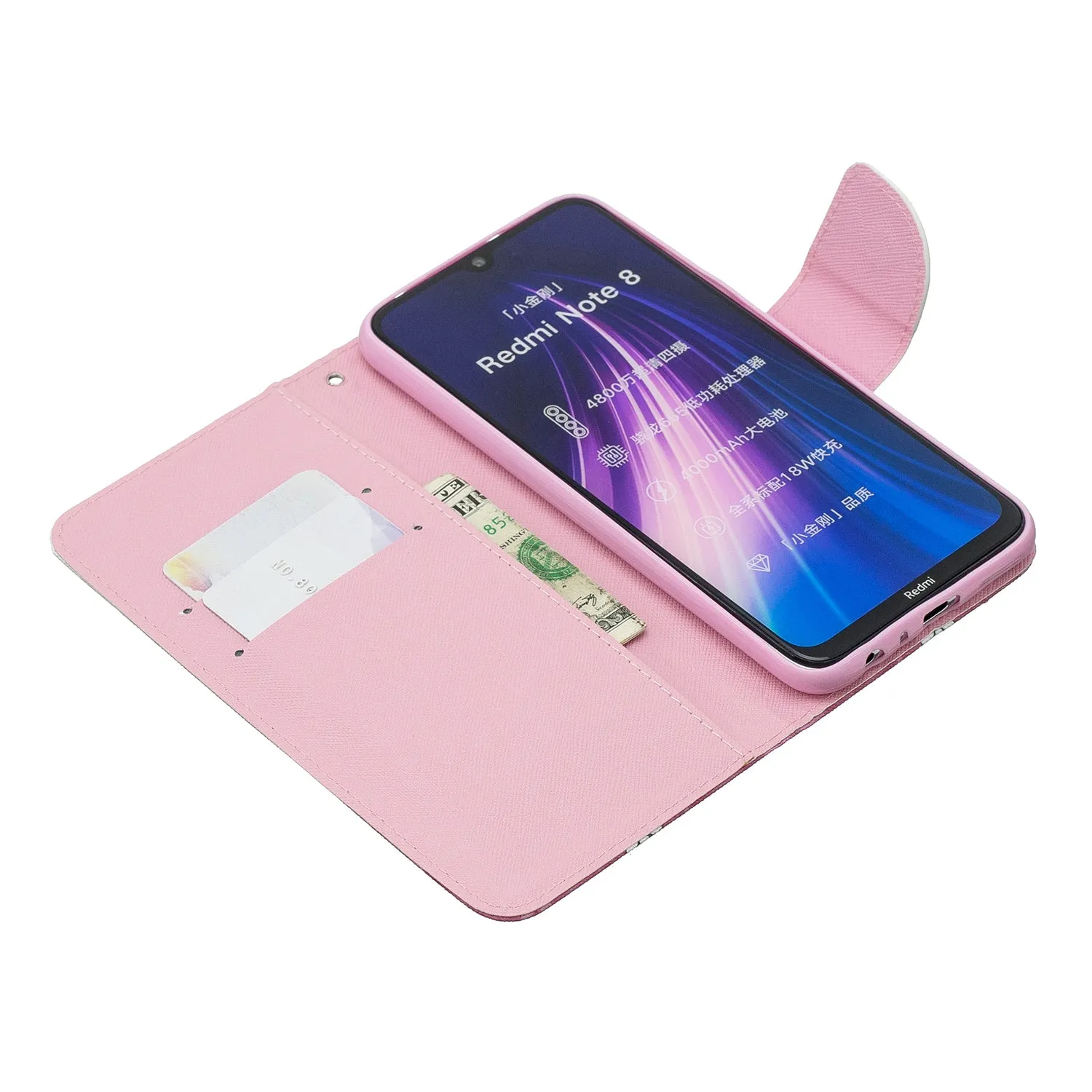 For Redmi Note 8/8 Pro Cellphone Cover Stand Function Wallet Design PU Leather Smartphone Shell Elegant Pattern Printed  peach blossom