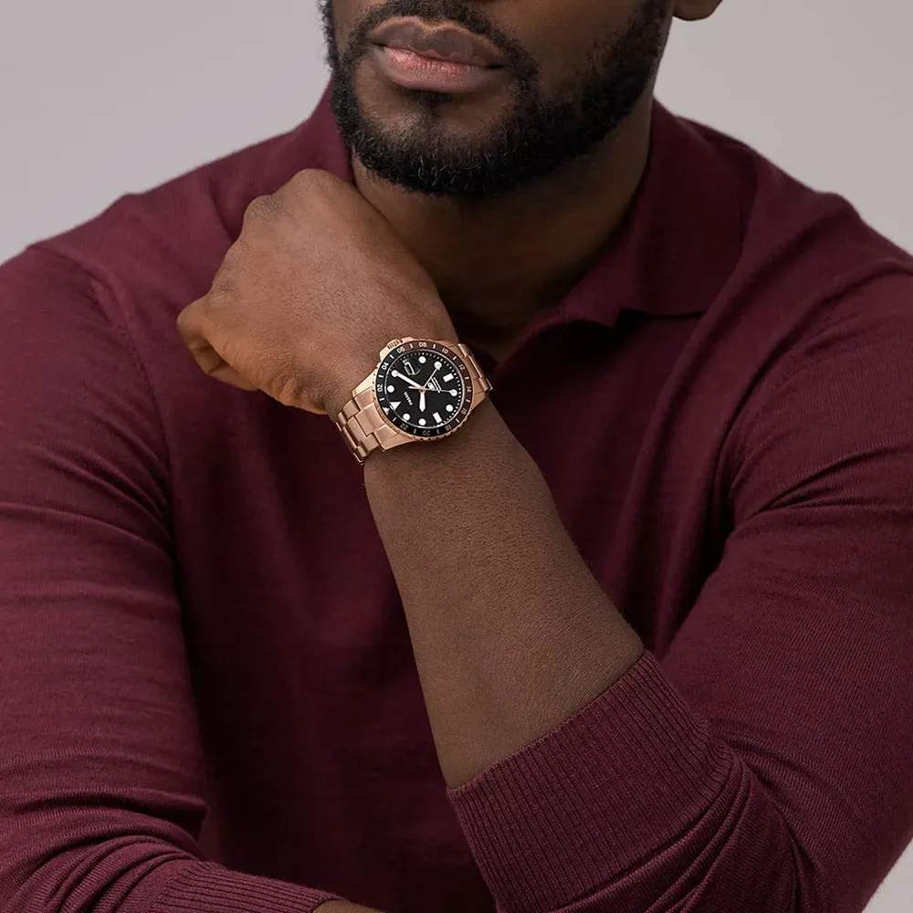 Fossil Blue Gmt Rose Gold-Tone Stainless Steel Watch