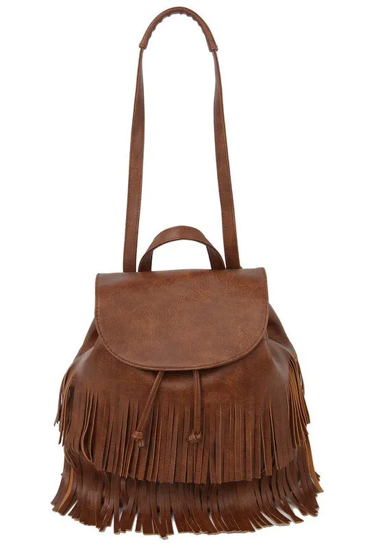 Fringe Drawstring Backpack In Brown