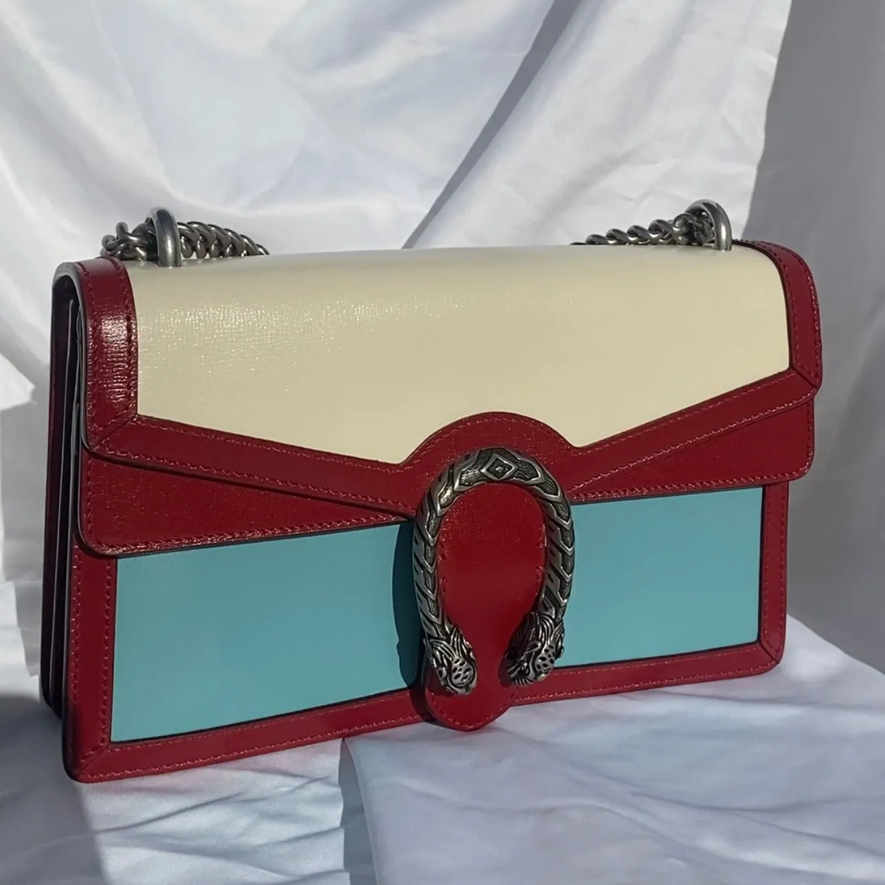 Gucci Small Dionysus Shoulder Bag in Ivory and Blue with Red Trim