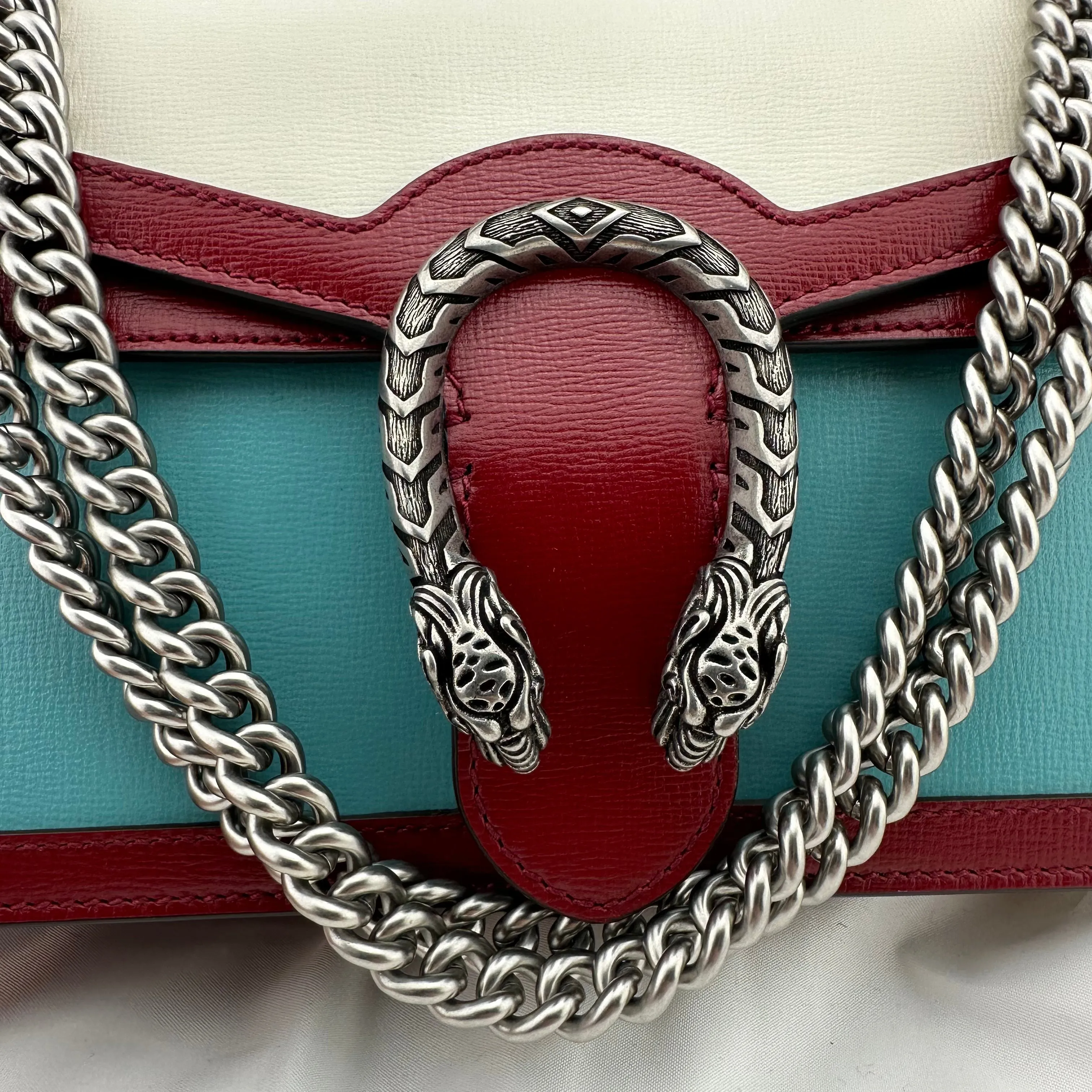 Gucci Small Dionysus Shoulder Bag in Ivory and Blue with Red Trim