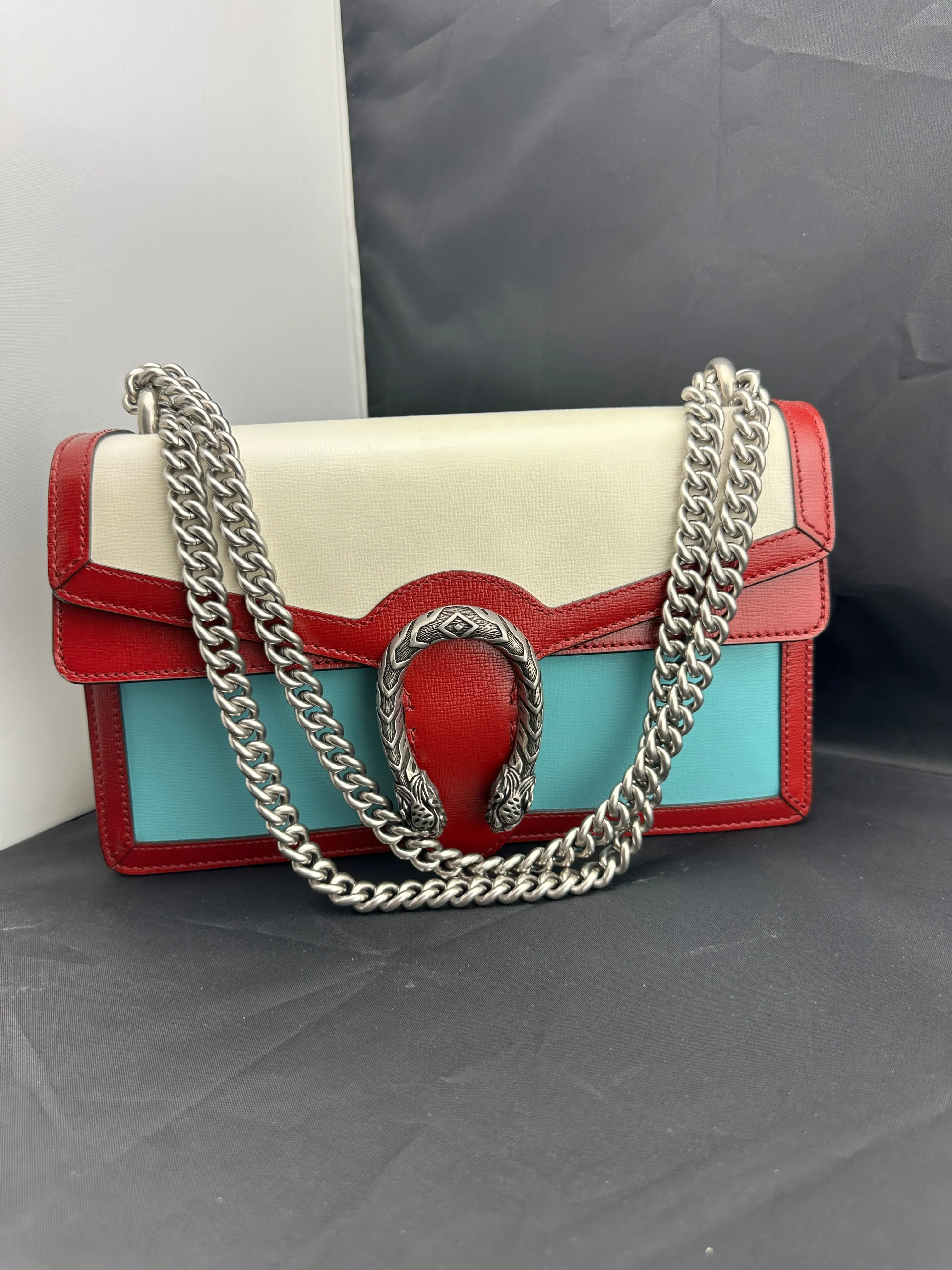 Gucci Small Dionysus Shoulder Bag in Ivory and Blue with Red Trim