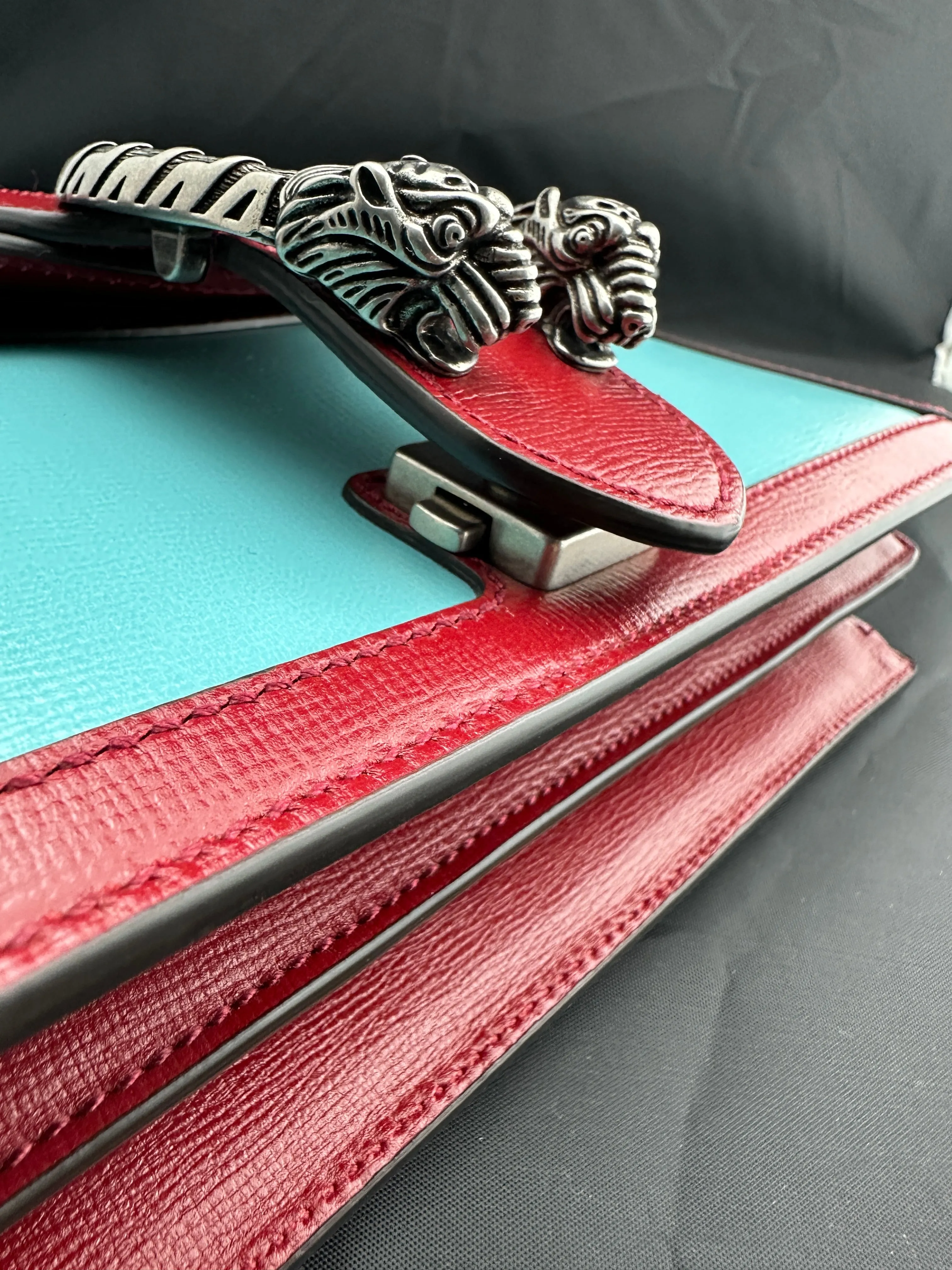 Gucci Small Dionysus Shoulder Bag in Ivory and Blue with Red Trim