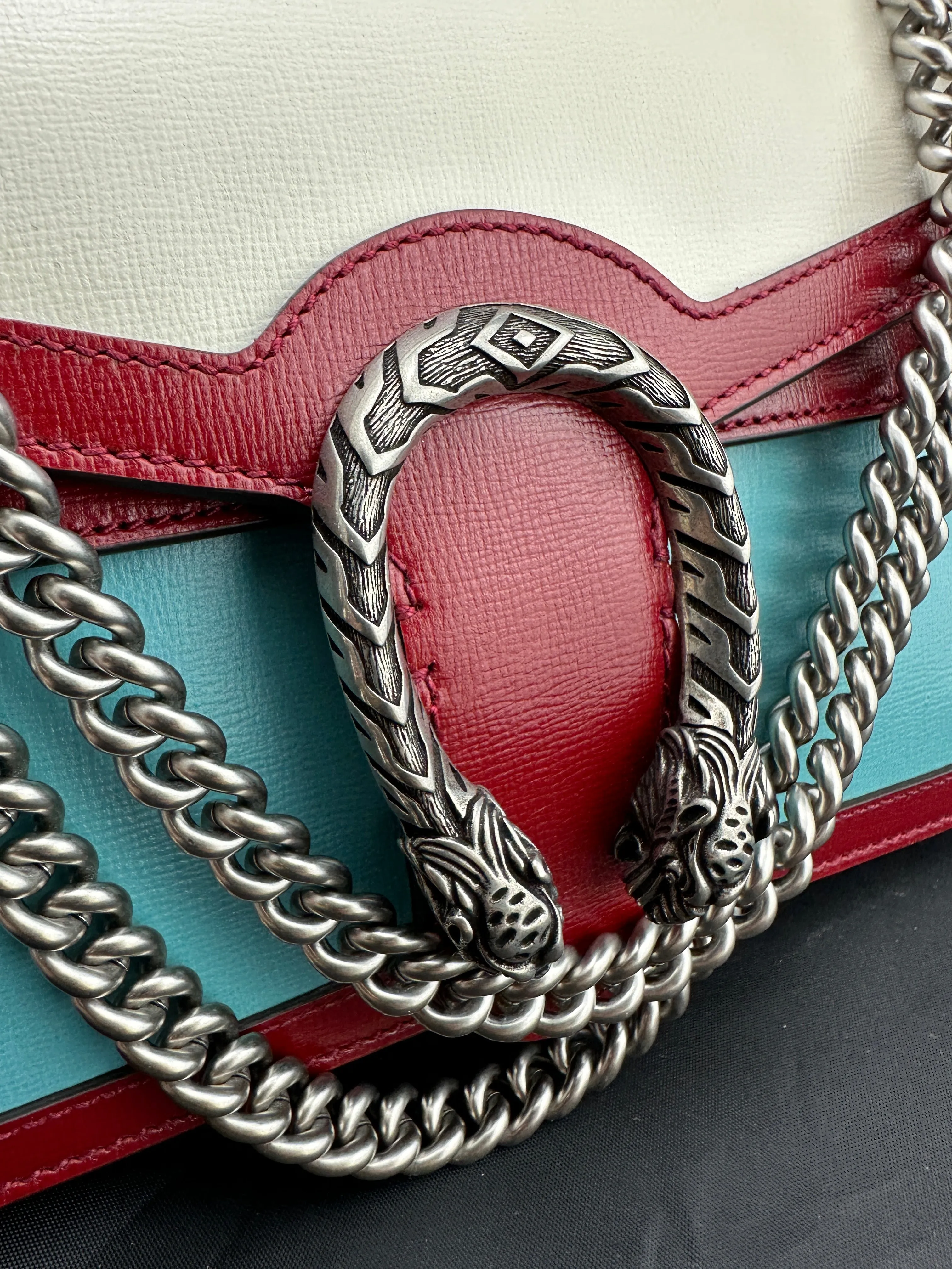 Gucci Small Dionysus Shoulder Bag in Ivory and Blue with Red Trim