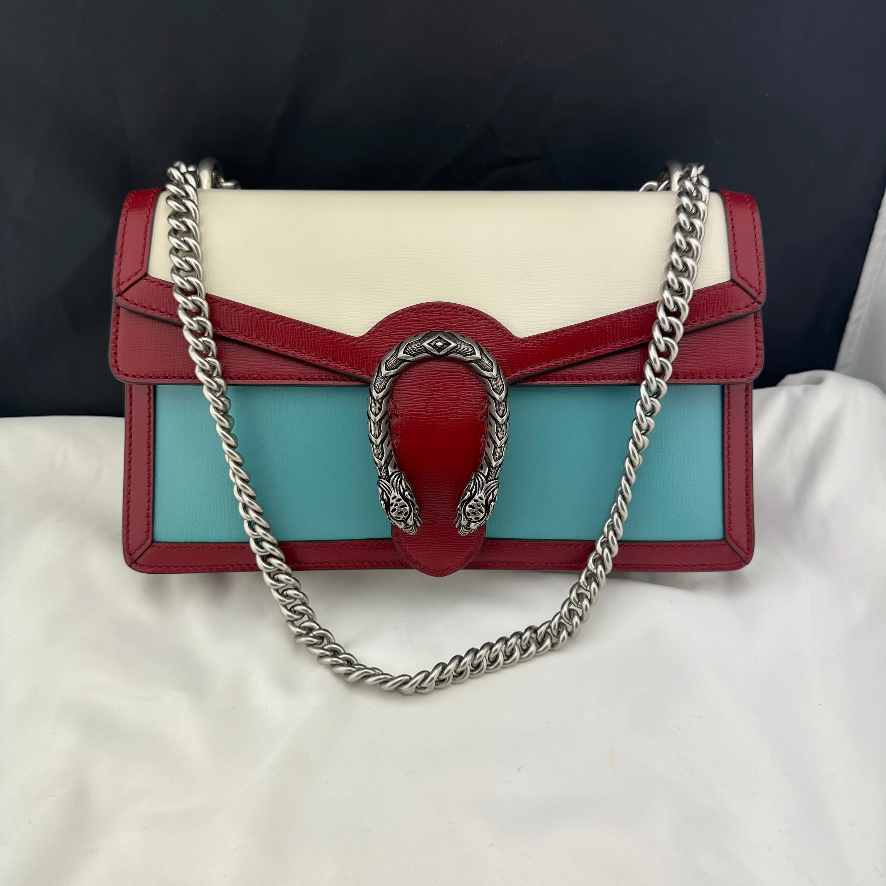 Gucci Small Dionysus Shoulder Bag in Ivory and Blue with Red Trim