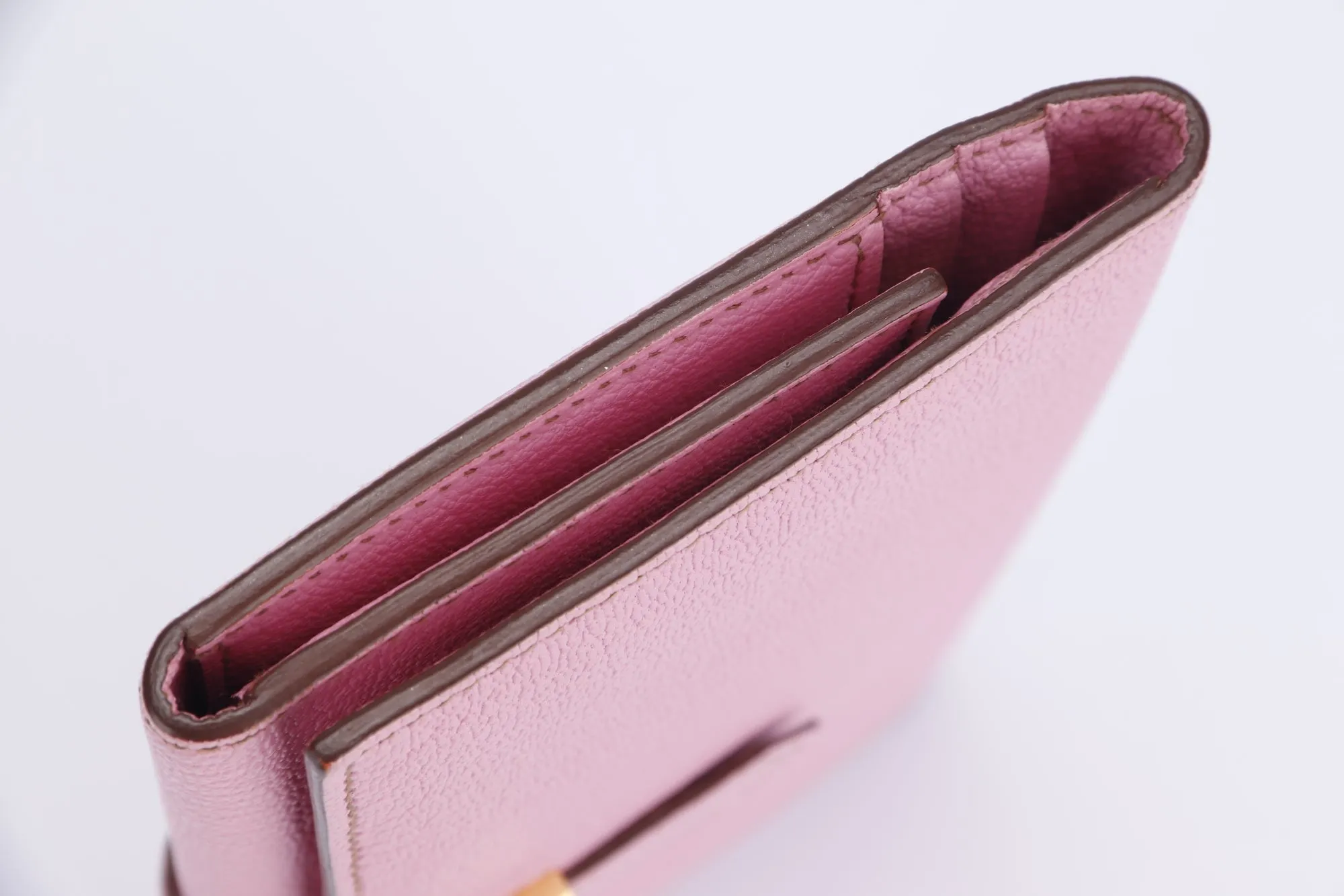Hermes Bearn Wallet (Stamp M) Triple Fold Rose Sakura Chevre Leather, with Box