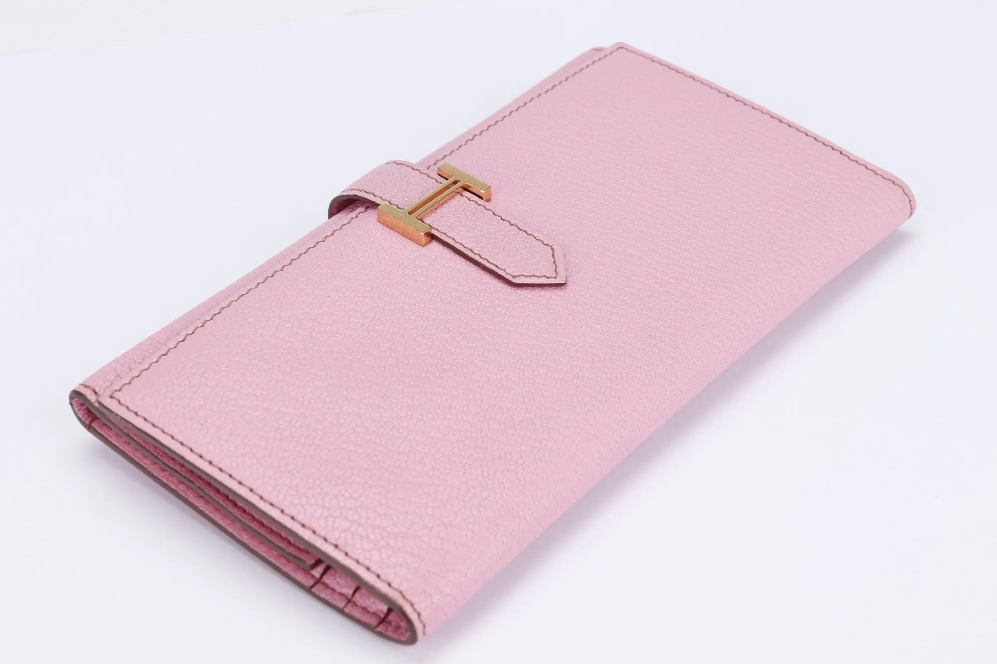 Hermes Bearn Wallet (Stamp M) Triple Fold Rose Sakura Chevre Leather, with Box