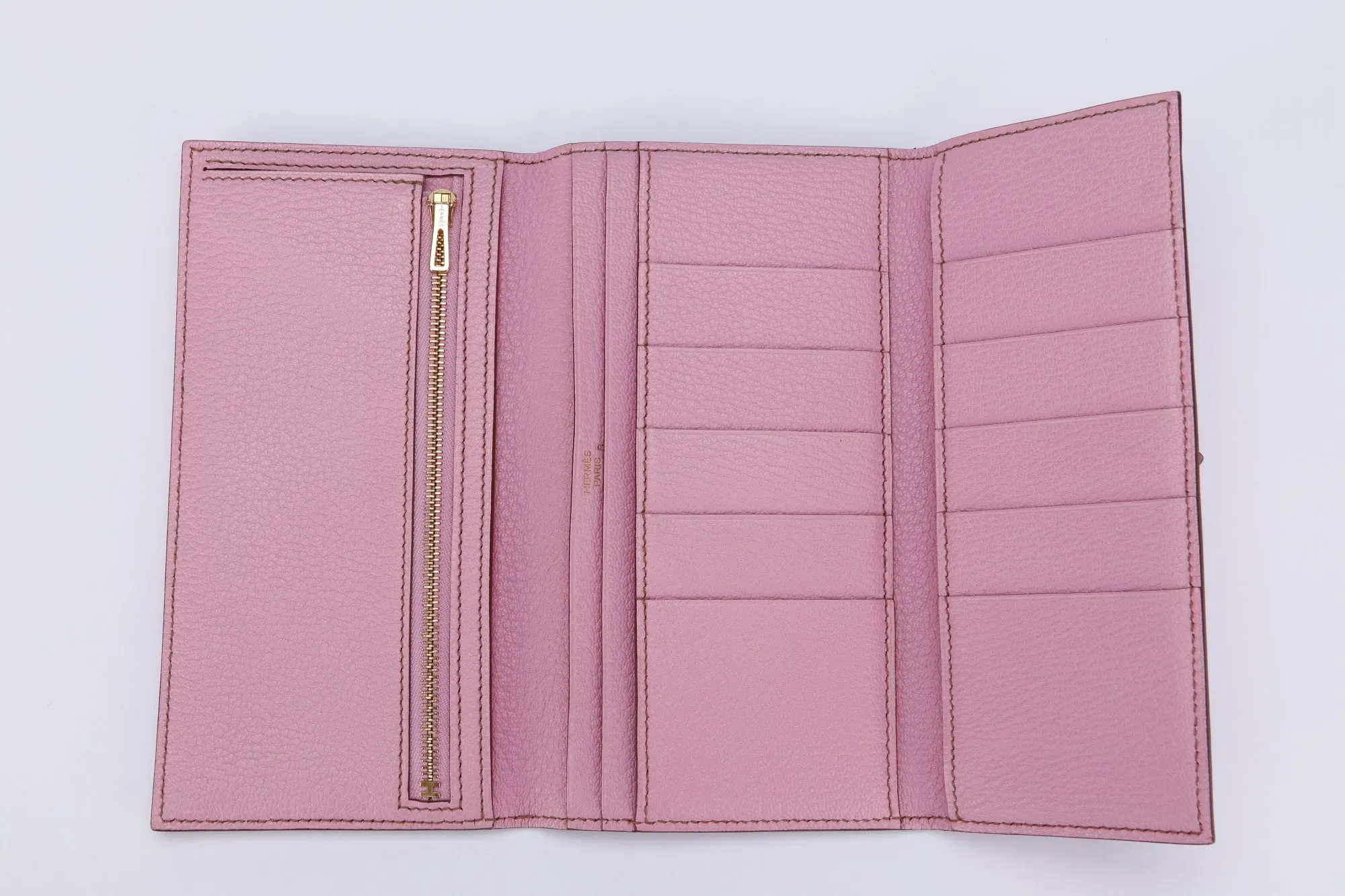 Hermes Bearn Wallet (Stamp M) Triple Fold Rose Sakura Chevre Leather, with Box