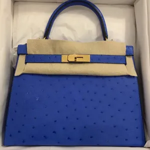 Hermès Kelly 28 Bleuet Sellier Ostrich Gold Hardware GHW