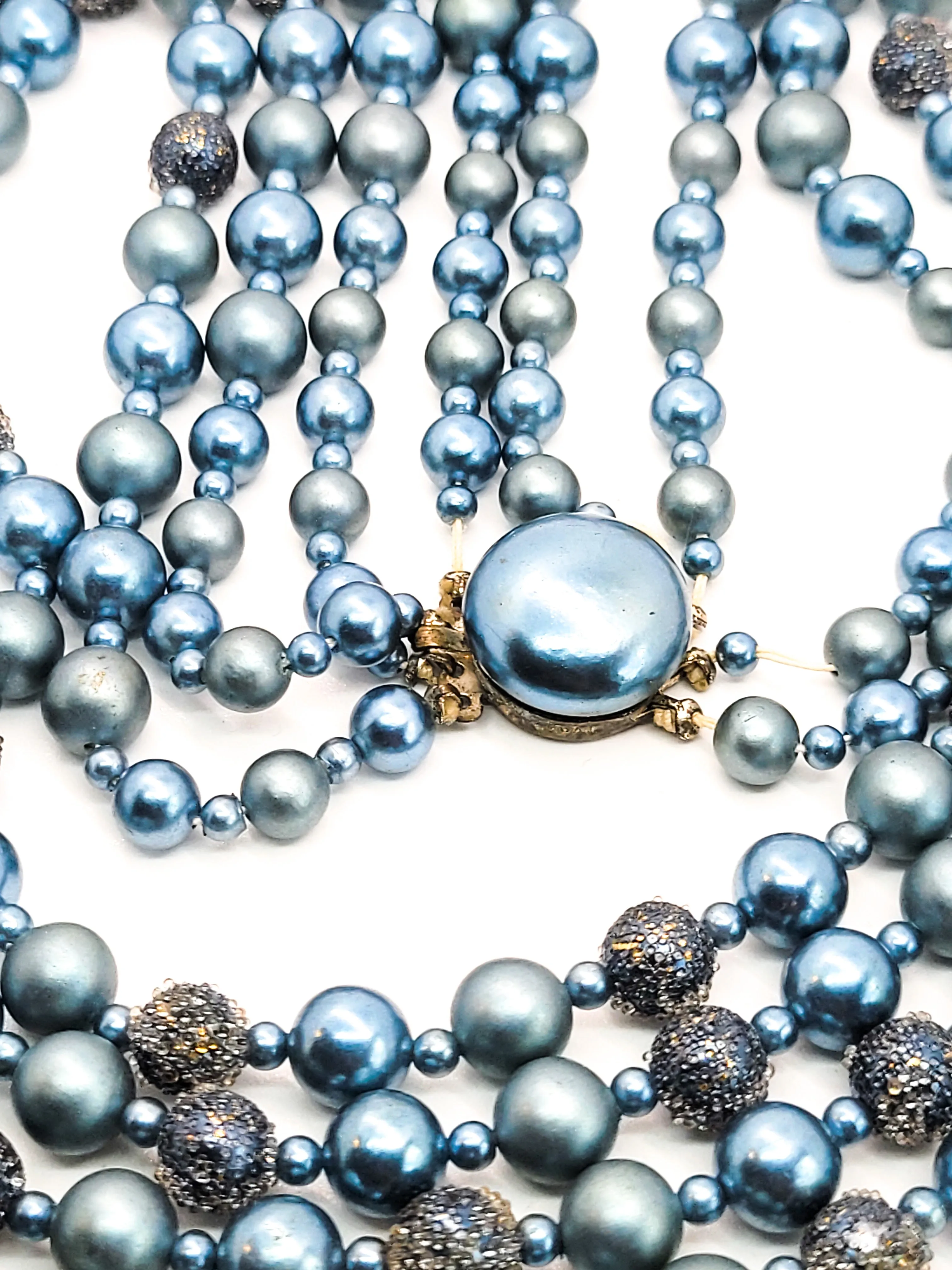 Japan Metallic Blue 4 strand sugar beaded vintage statement necklace mid century