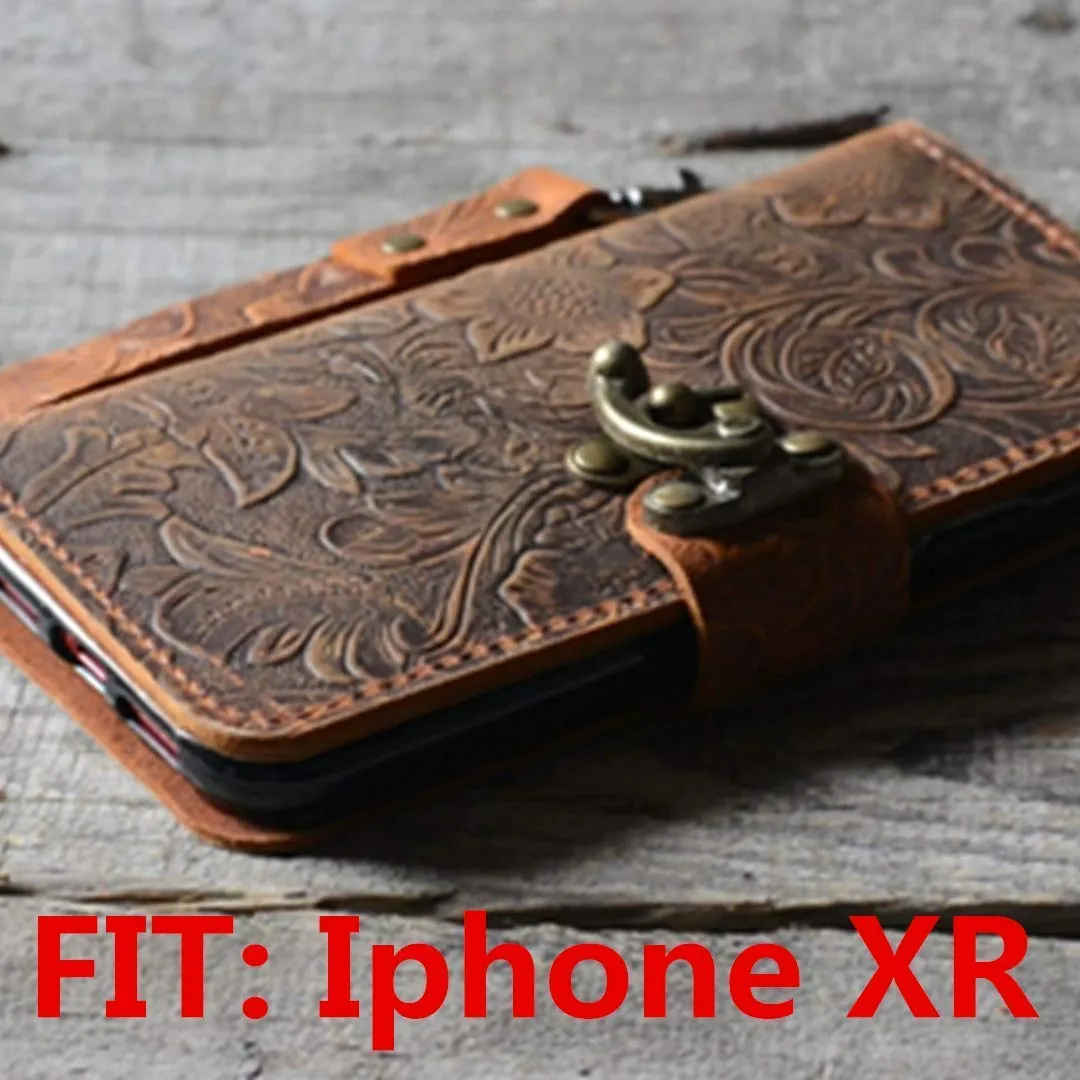 JJNUSA Handmade Genuine leather Vintage Book Style Wallet for Iphone XR 6.1 inches