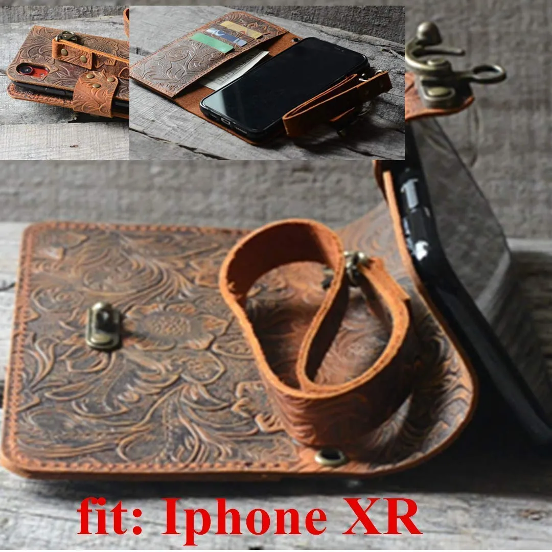 JJNUSA Handmade Genuine leather Vintage Book Style Wallet for Iphone XR 6.1 inches