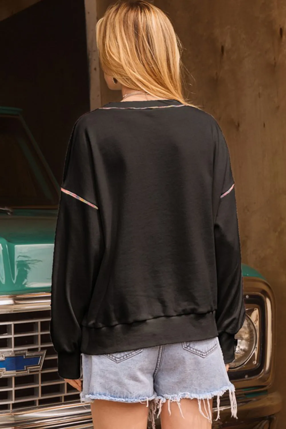 KaleaBoutique Contrast Rainbow Trim Drop Shoulder Pullover Sweatshirt