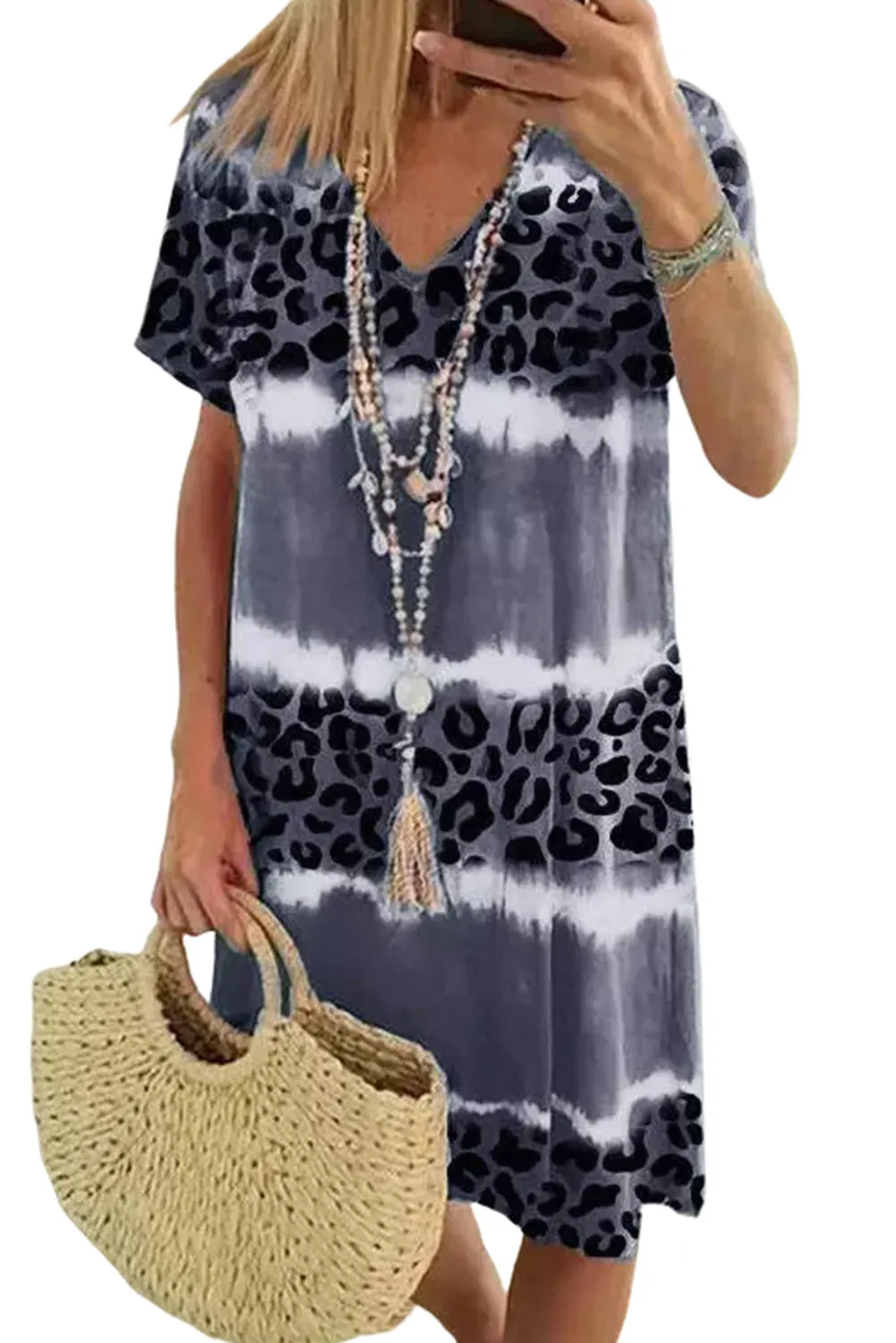 Leopard Color Block V-Neck T-shirt Dress
