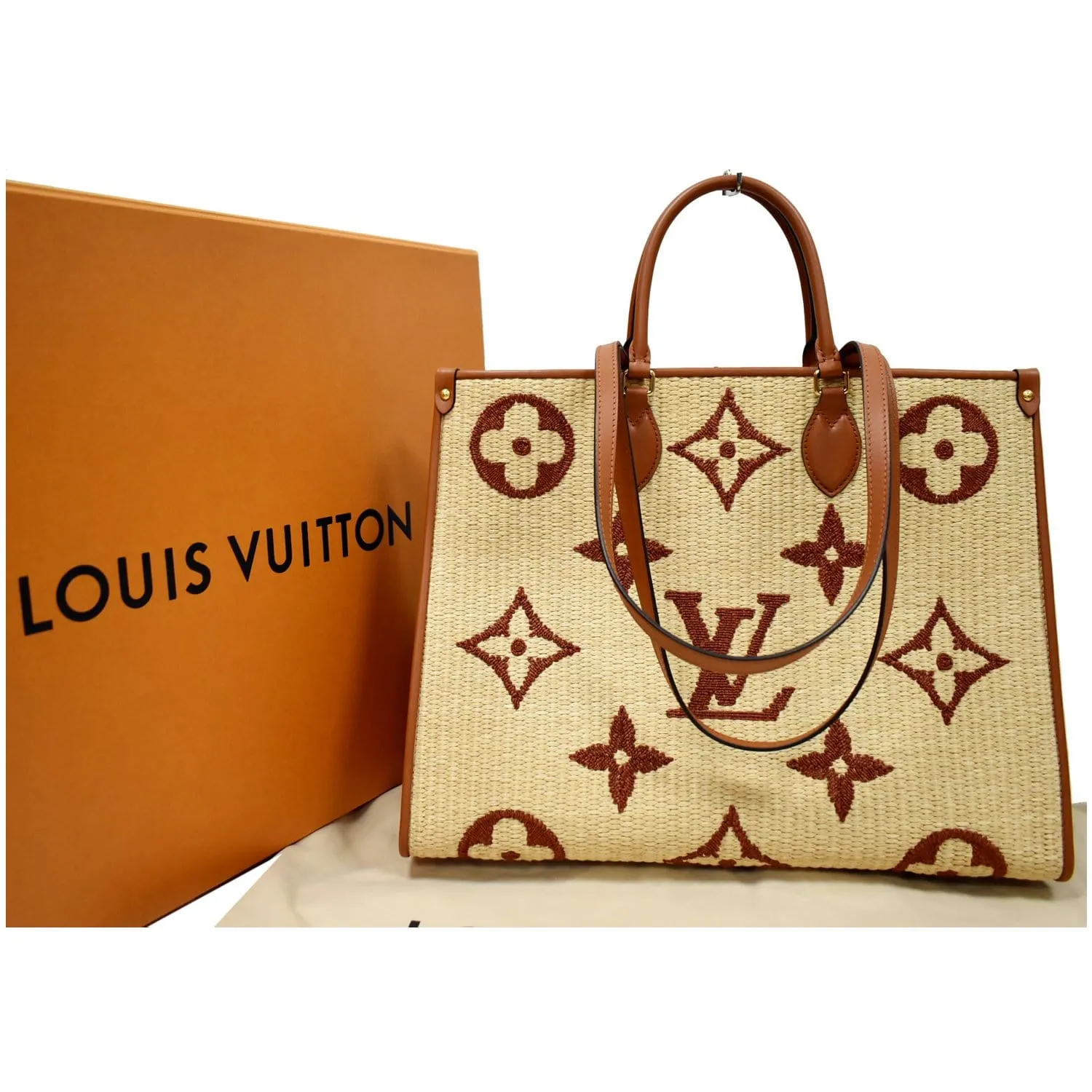 LOUIS VUITTON Onthego MM Monogram Raffia Shoulder Bag Tan