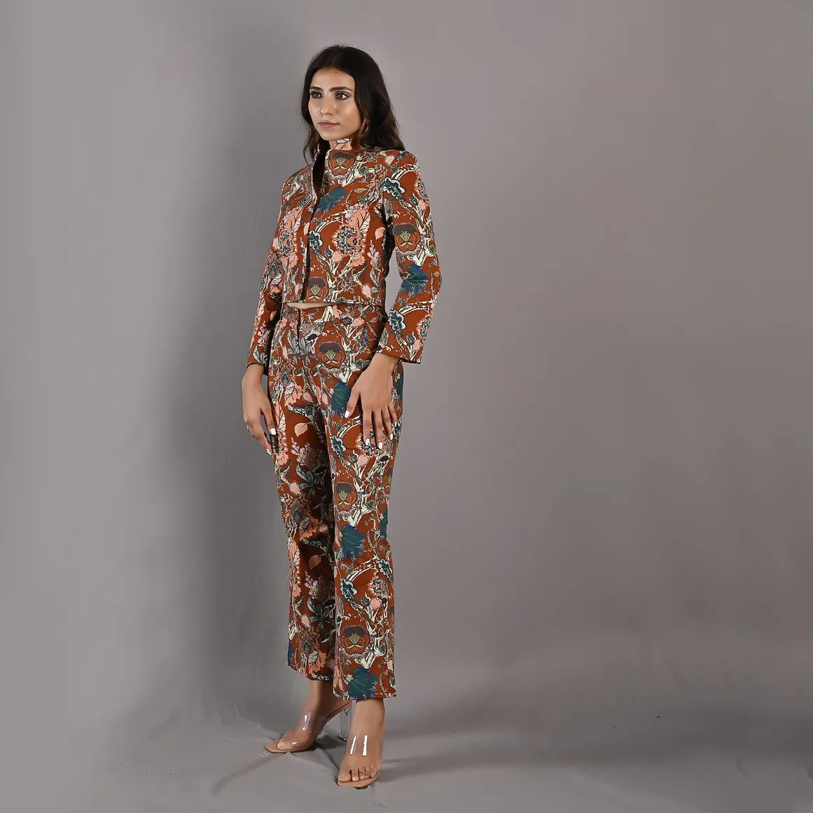 Maryam - Maroon & Multi Printed Co-ord Shirt Jacket & Bell Bottom Set