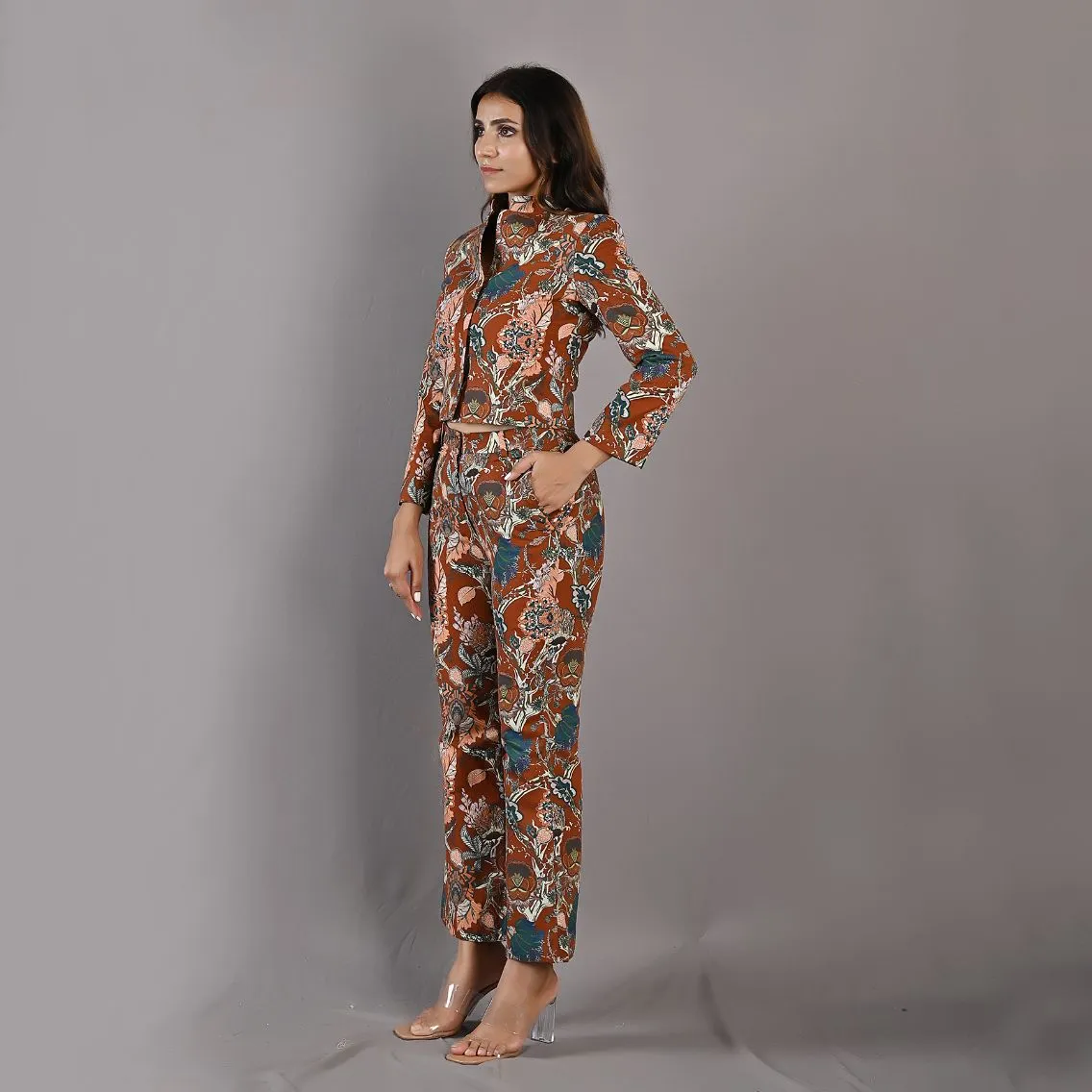 Maryam - Maroon & Multi Printed Co-ord Shirt Jacket & Bell Bottom Set