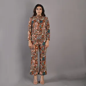 Maryam - Maroon & Multi Printed Co-ord Shirt Jacket & Bell Bottom Set