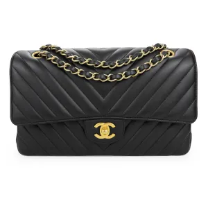 Medium Classic Double Flap Bag in Chevron Black Lambskin