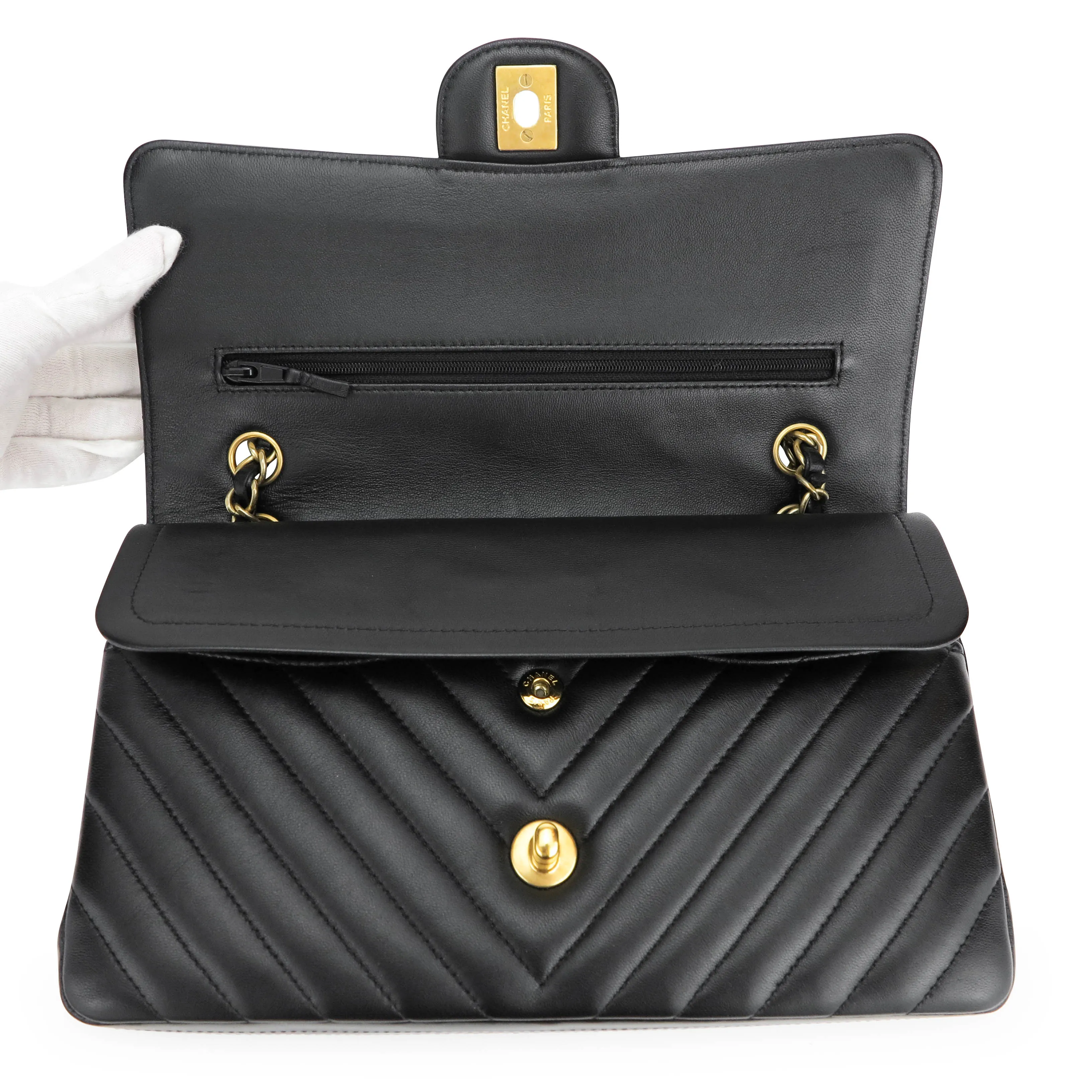 Medium Classic Double Flap Bag in Chevron Black Lambskin