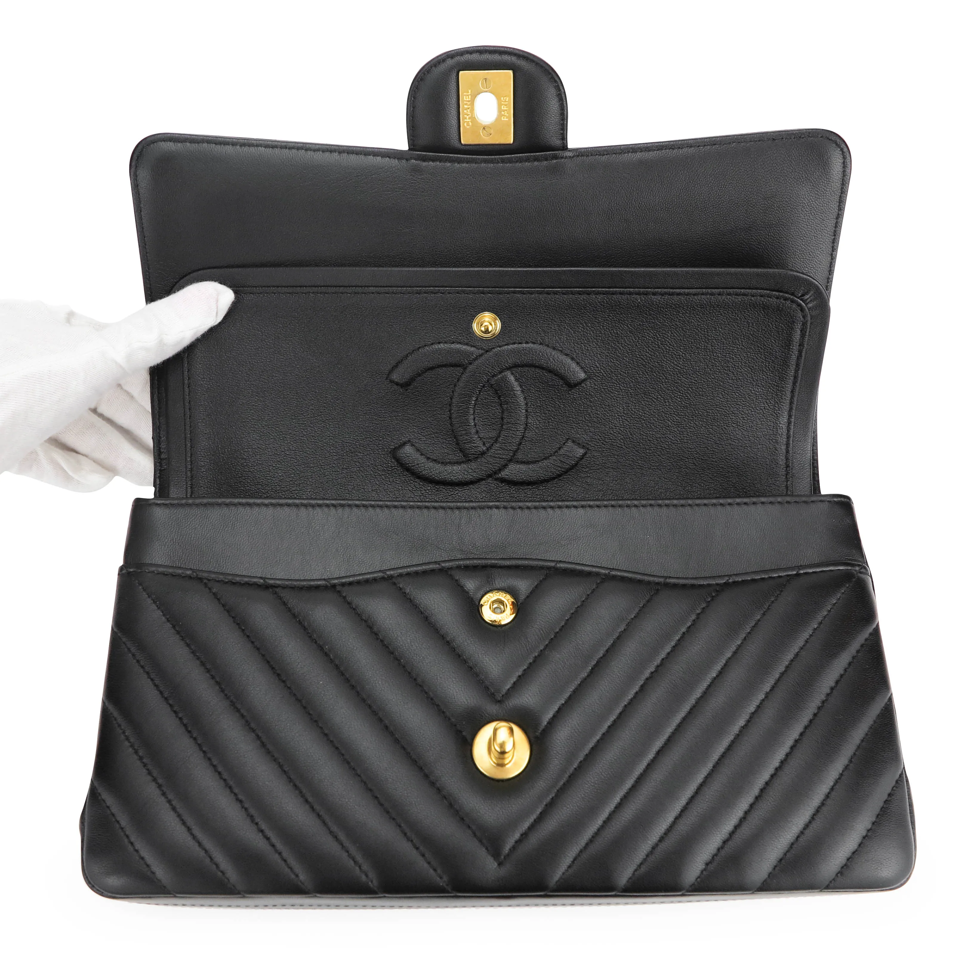 Medium Classic Double Flap Bag in Chevron Black Lambskin