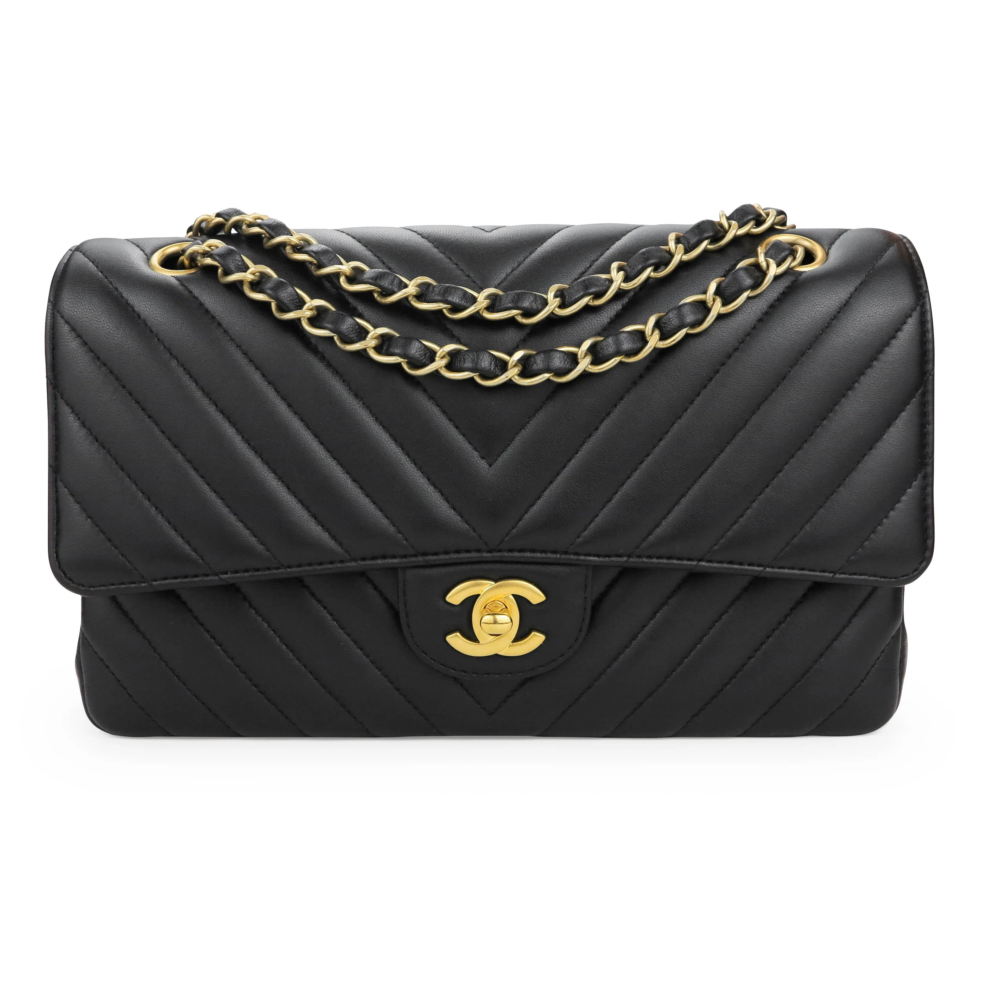 Medium Classic Double Flap Bag in Chevron Black Lambskin