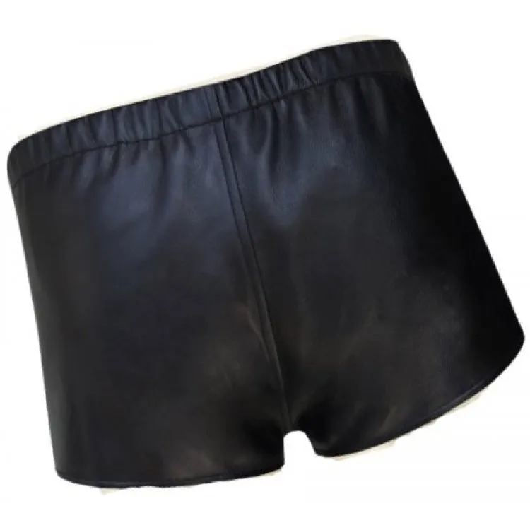 Men Snap Button Fly Real Sheepskin Black Leather Shorts