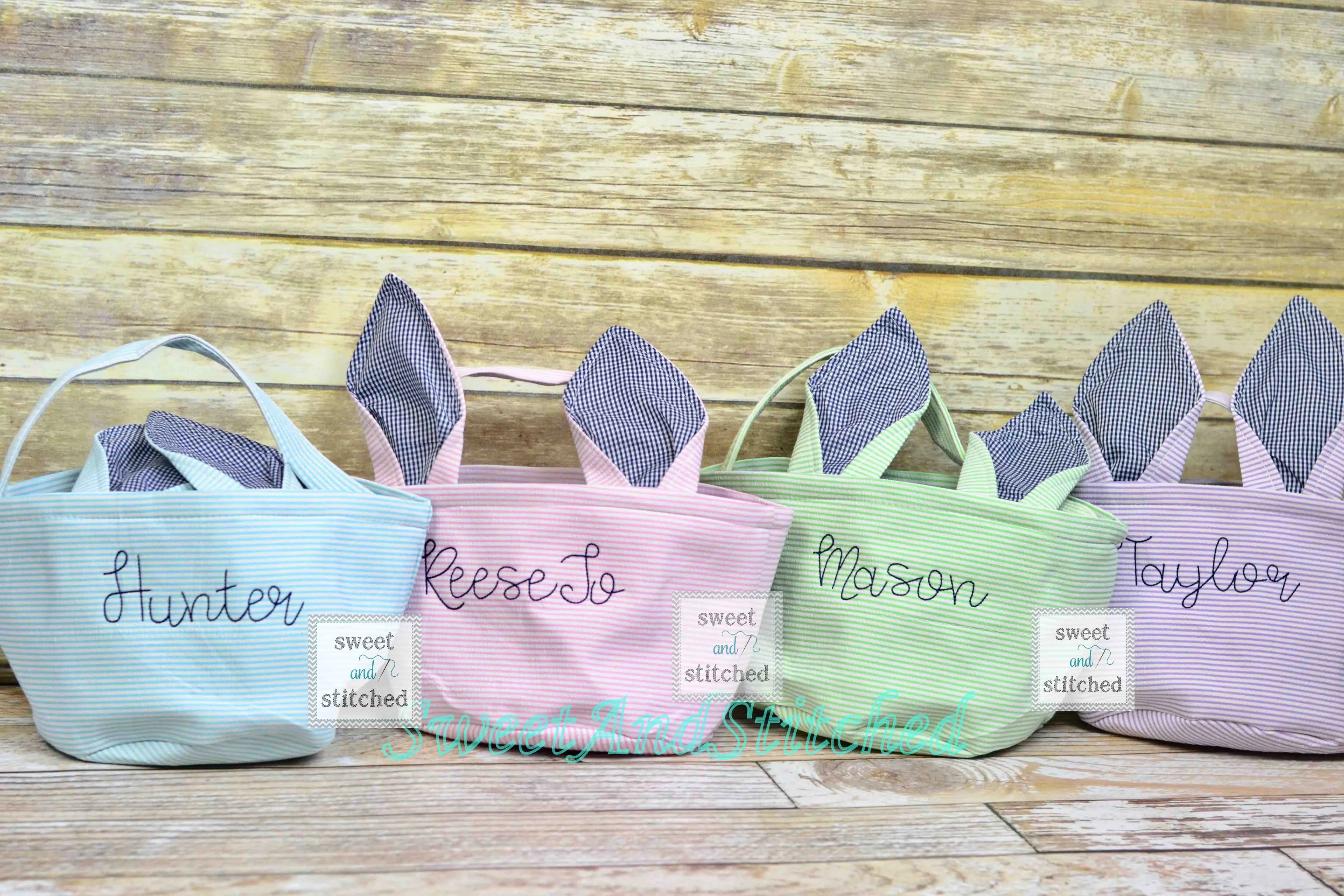 Monogrammed Easter baskets in pink, purple, green and blue seersucker