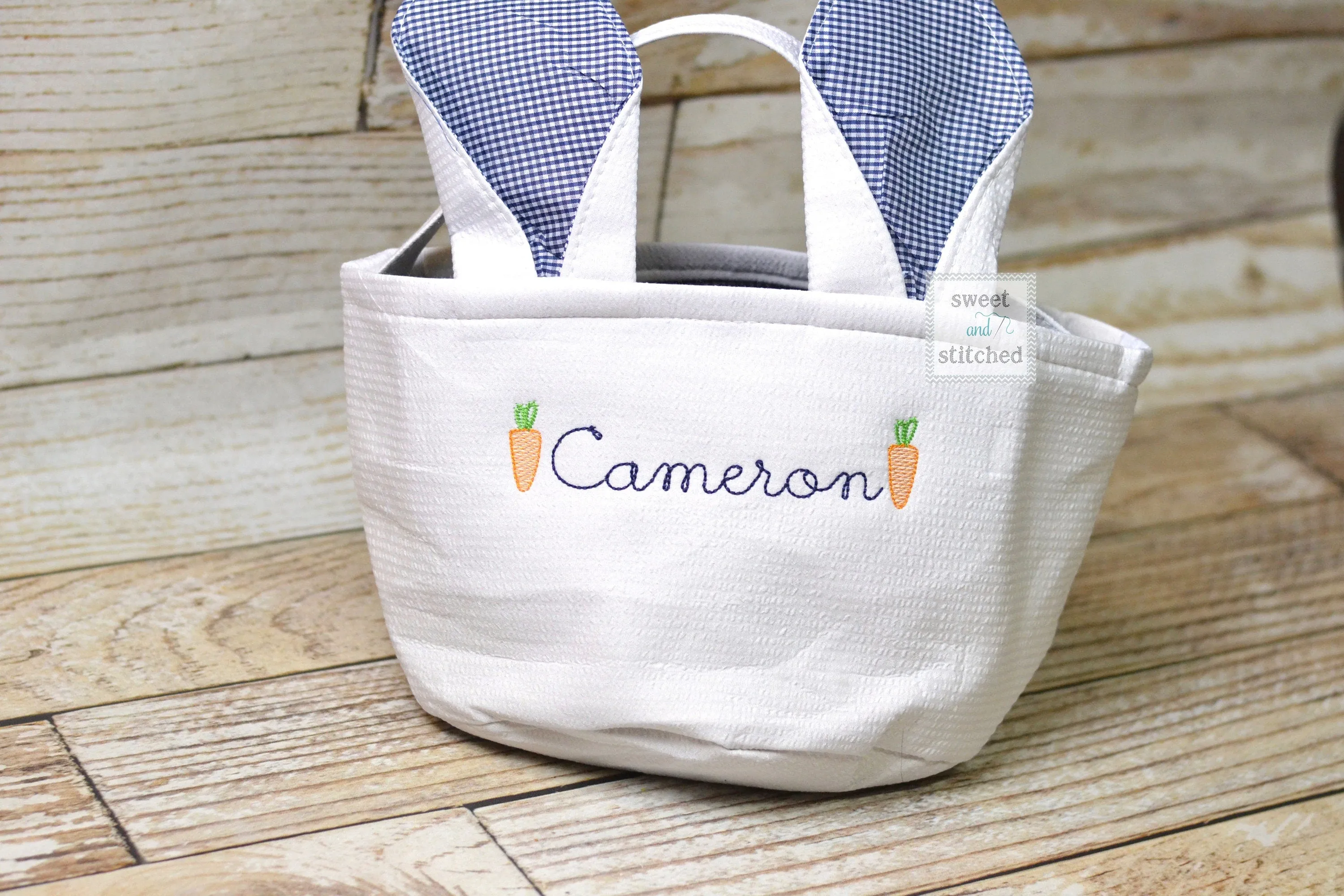 Monogrammed Easter baskets in white seersucker with carrot design, easter baskets personalized, seersucker tote bags monogrammed