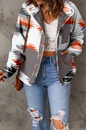 Multicolour Aztec Fleece Patchwork Snap Button Jacket