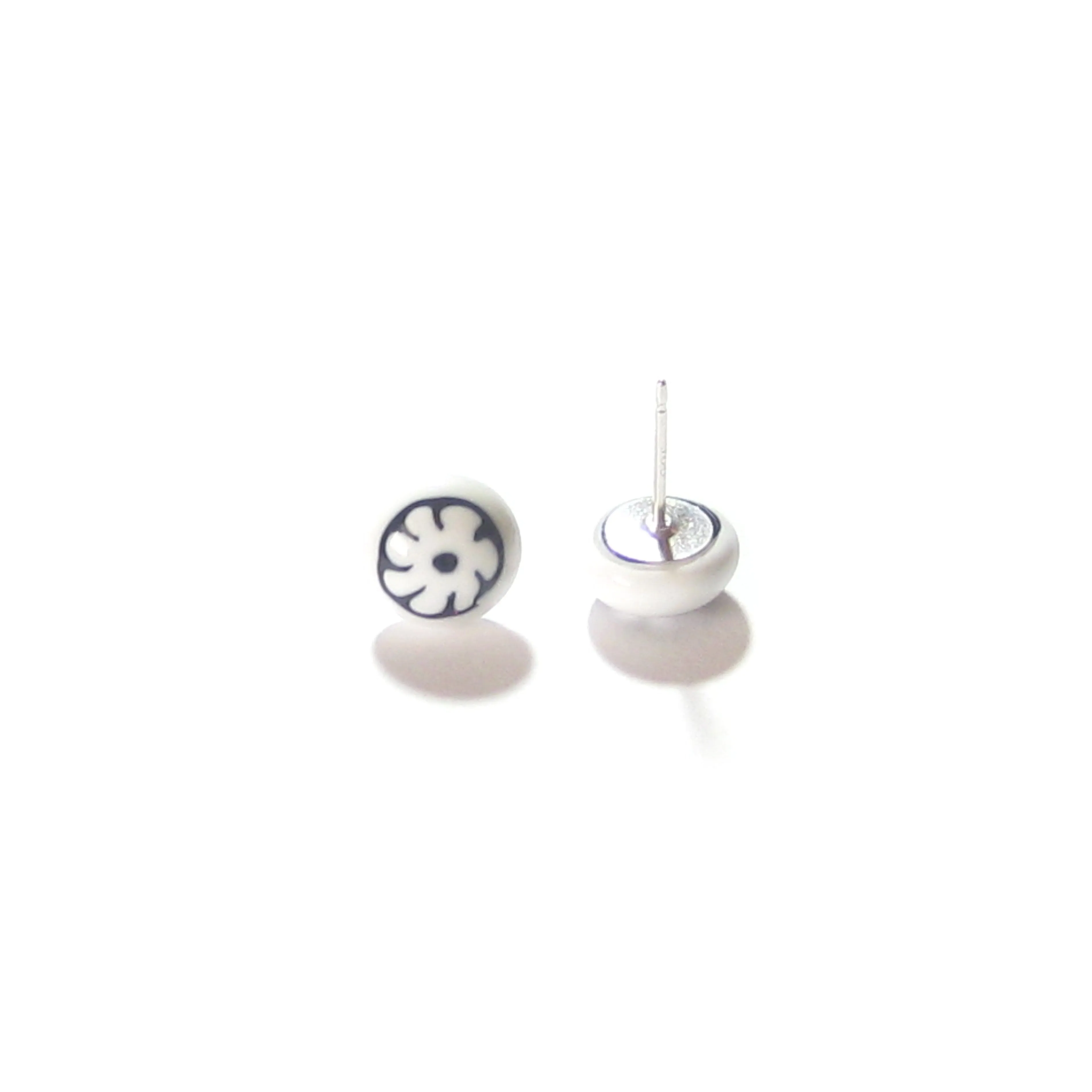 Murano Glass Black White Millefiori Flower Post Earrings, Stud