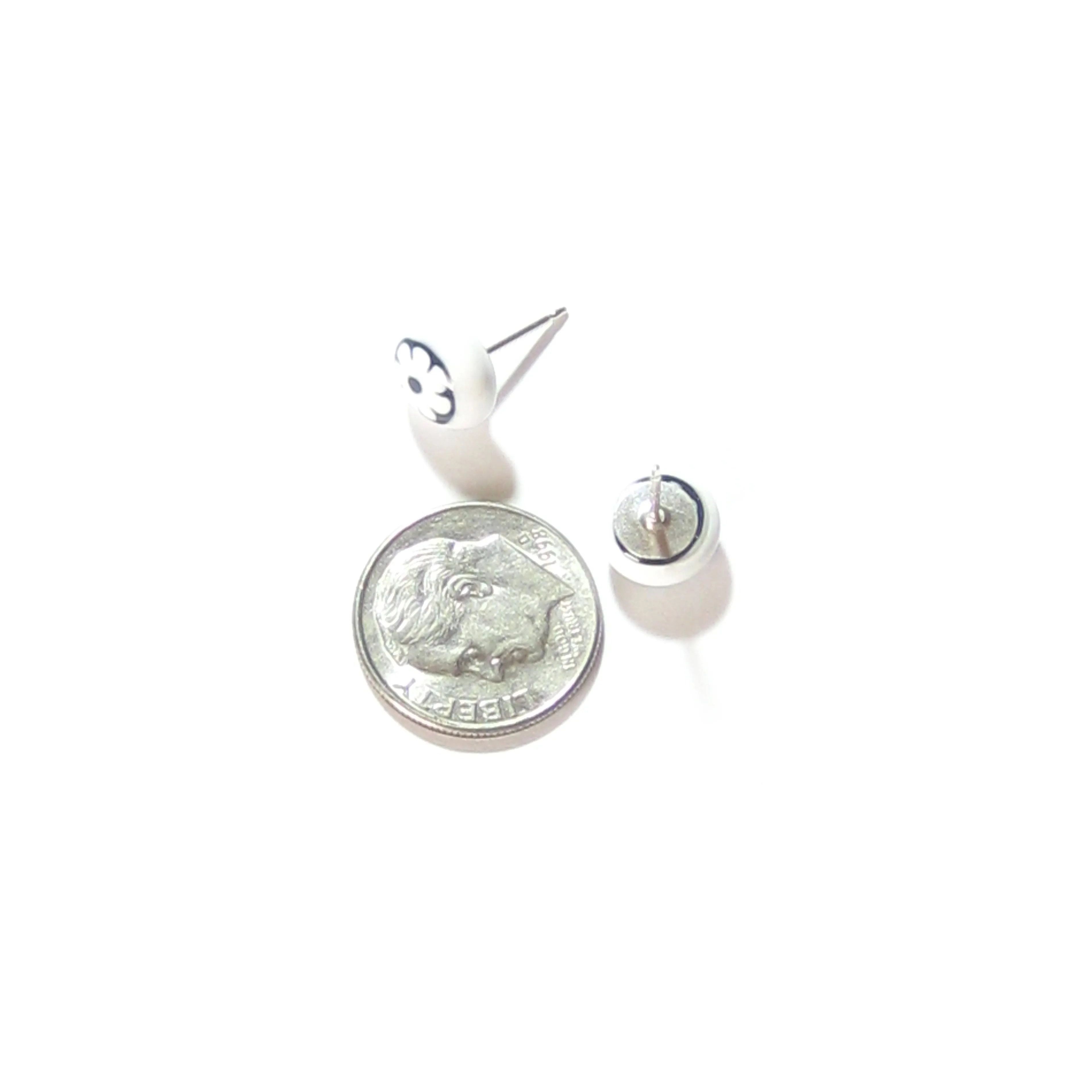 Murano Glass Black White Millefiori Flower Post Earrings, Stud
