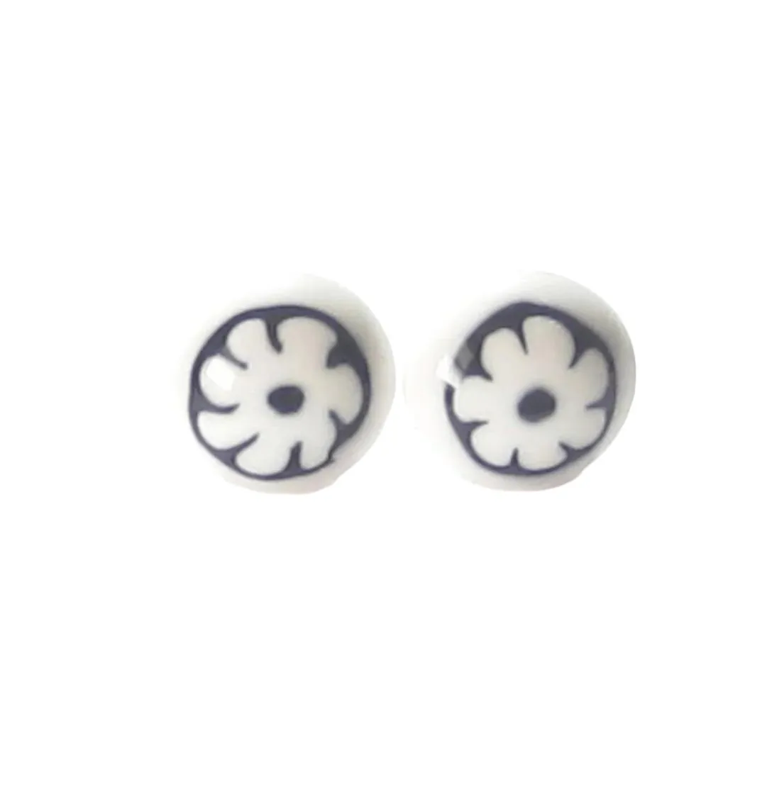Murano Glass Black White Millefiori Flower Post Earrings, Stud
