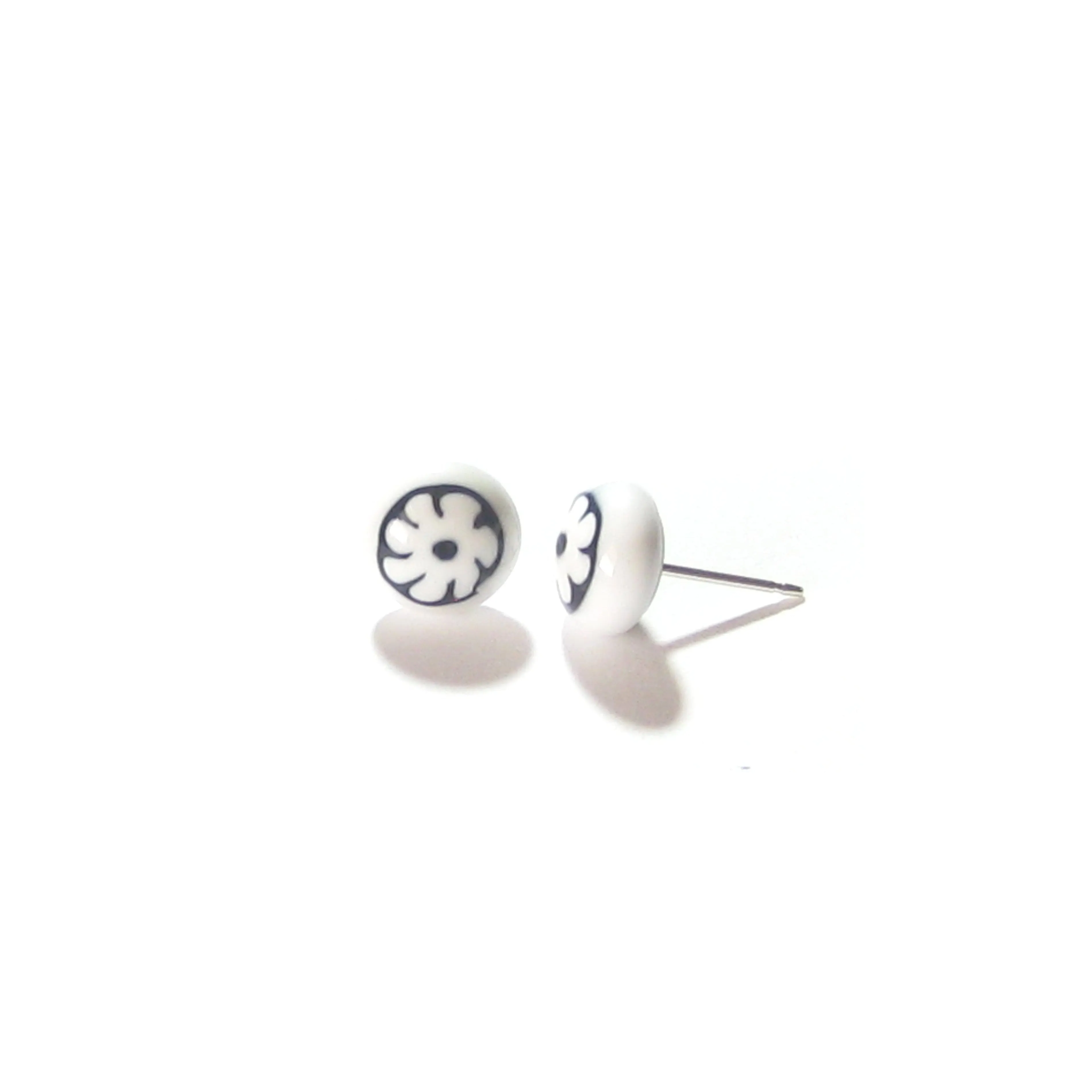 Murano Glass Black White Millefiori Flower Post Earrings, Stud