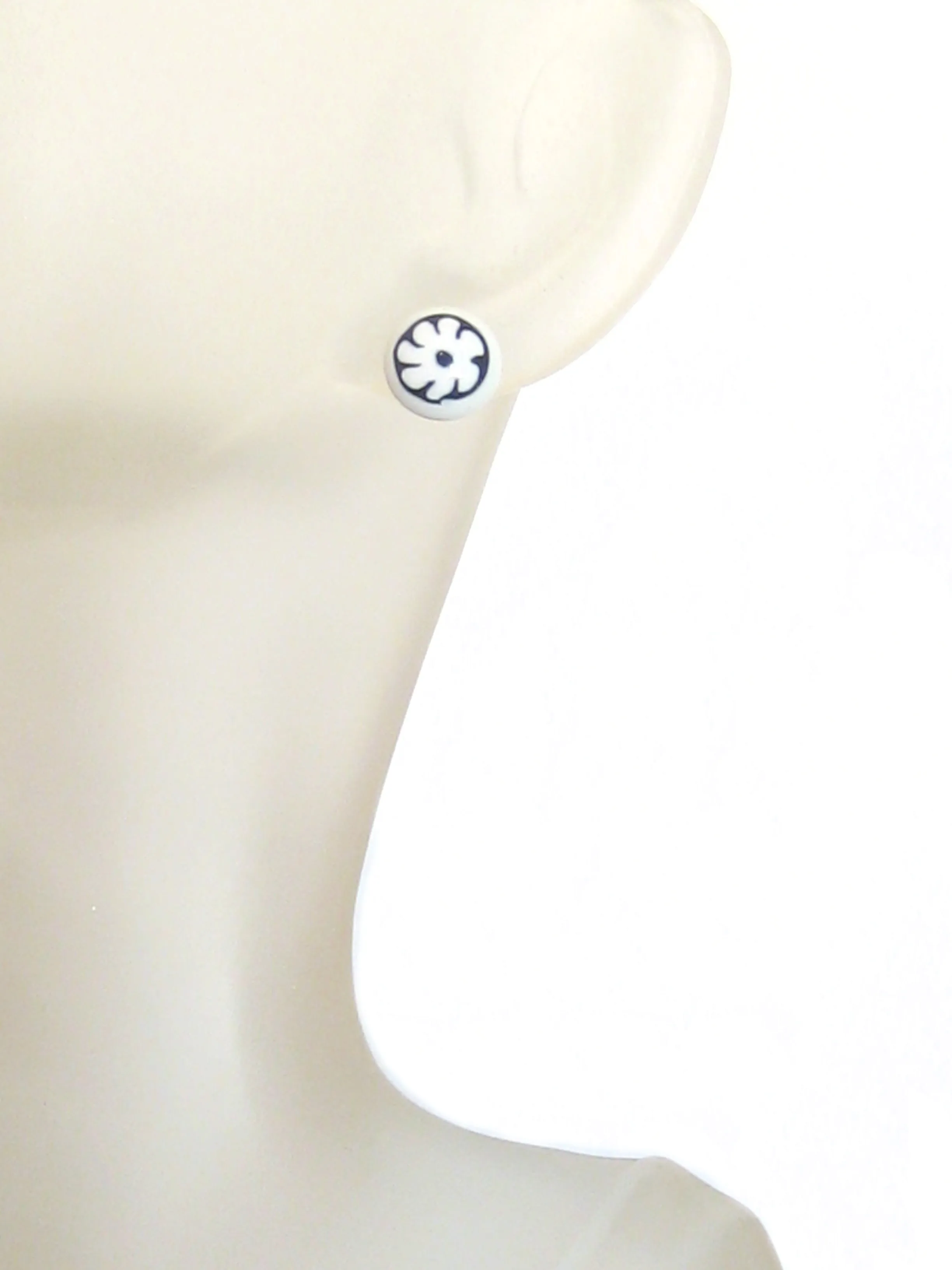 Murano Glass Black White Millefiori Flower Post Earrings, Stud