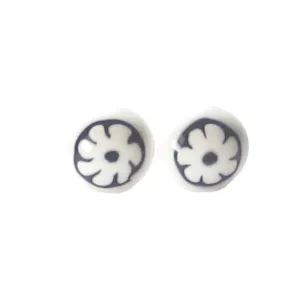 Murano Glass Black White Millefiori Flower Post Earrings, Stud