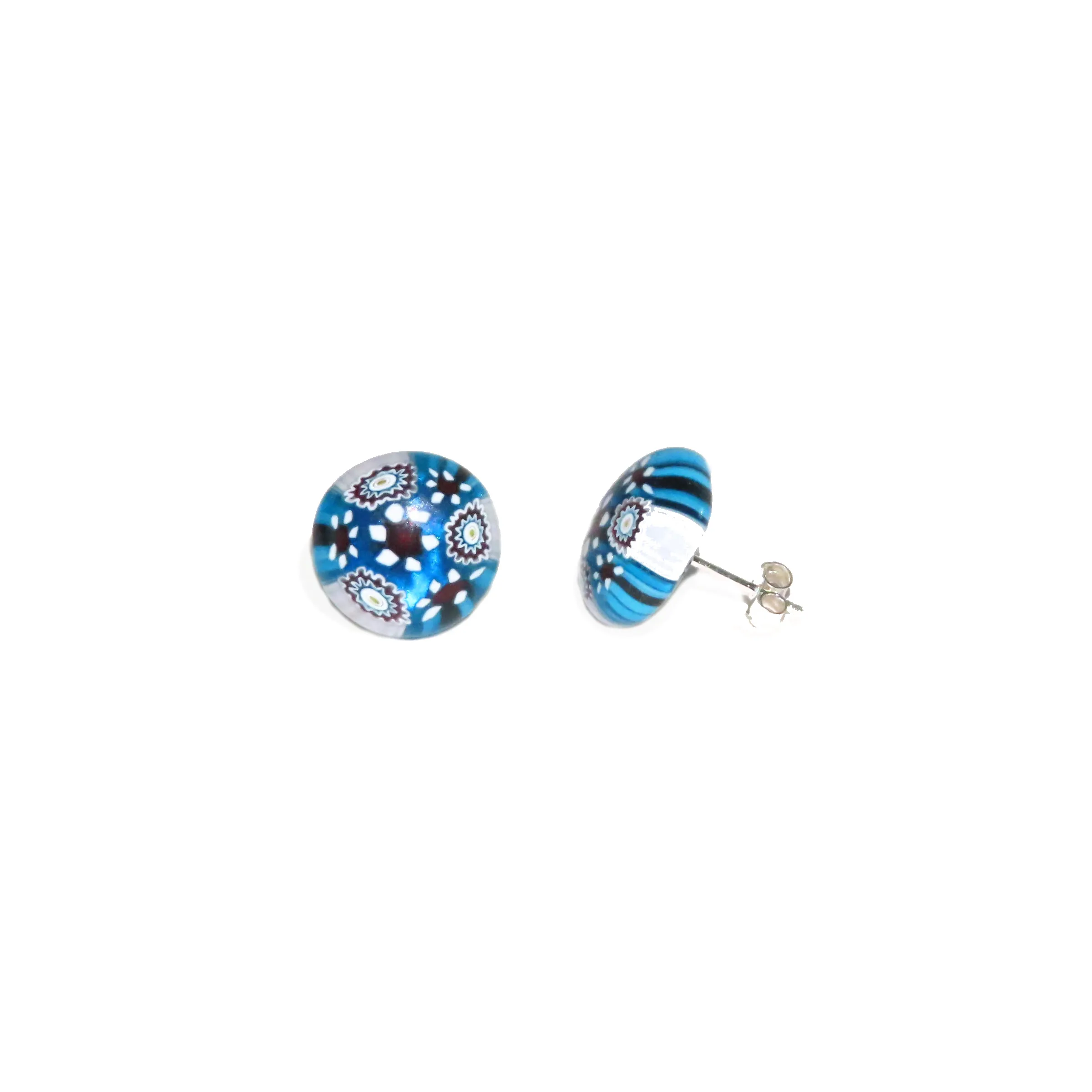 Murano Glass Large Aqua Black Millefiori Post Earrings, Studs