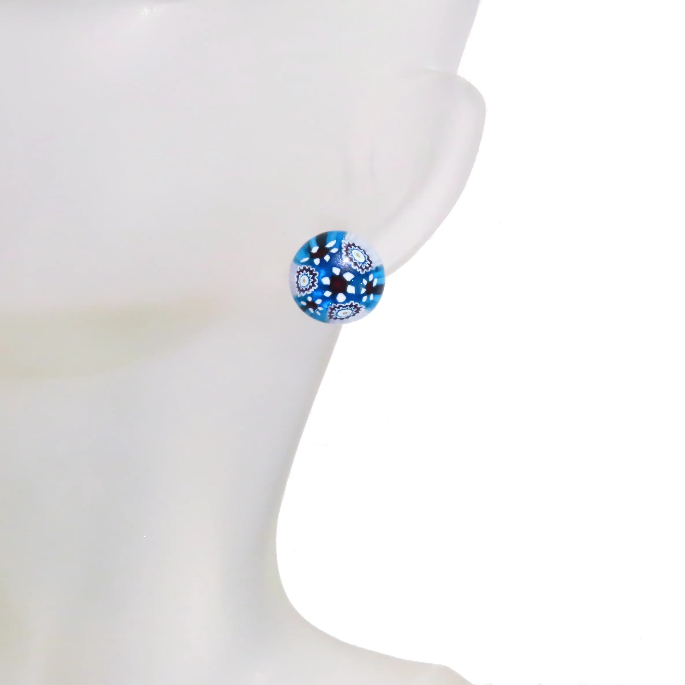 Murano Glass Large Aqua Black Millefiori Post Earrings, Studs