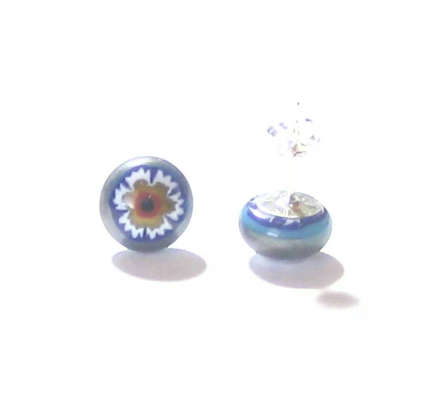 Murano Millefiori Blue Brown Flower Sterling Post Stud Earrings