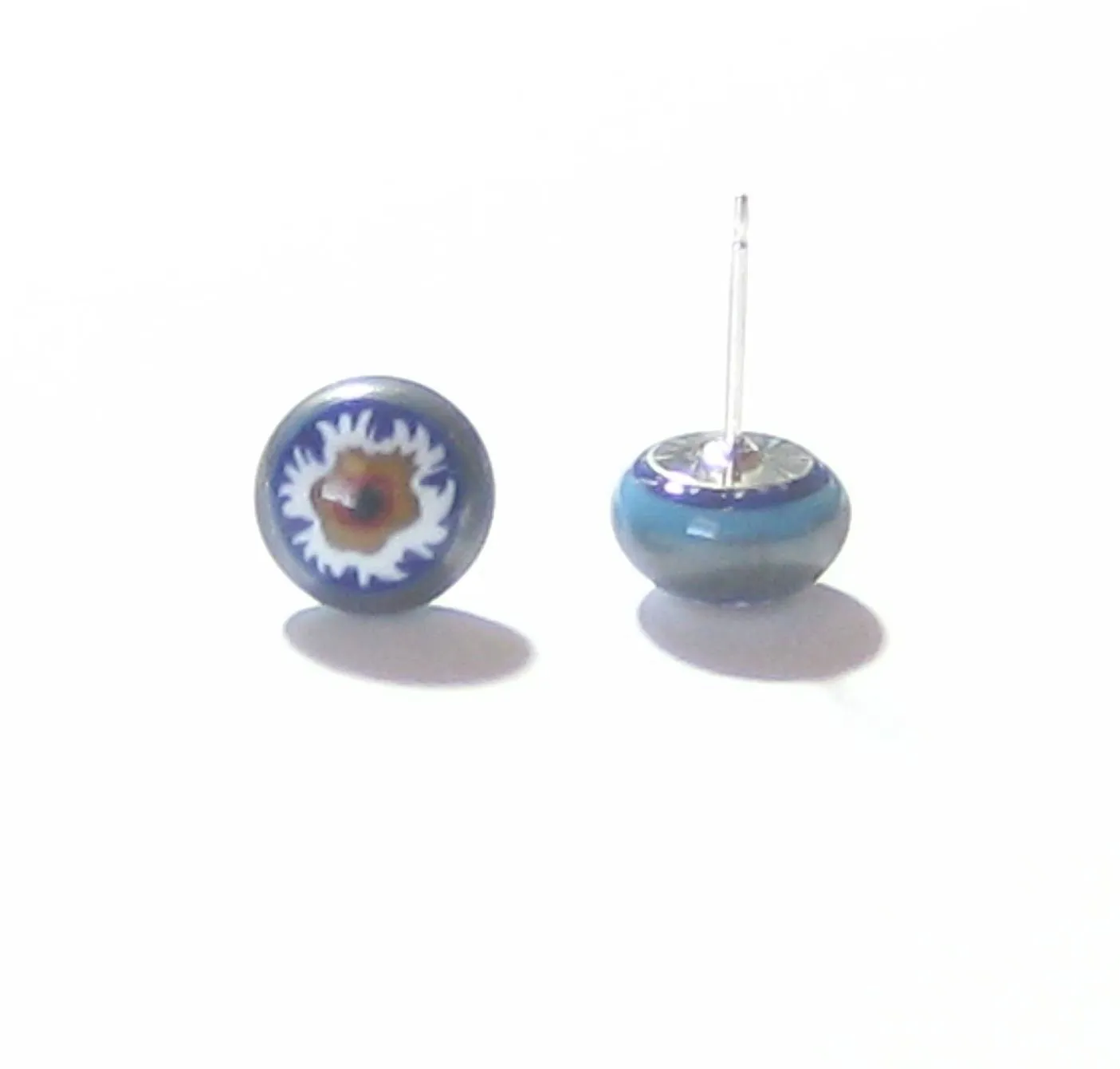 Murano Millefiori Blue Brown Flower Sterling Post Stud Earrings