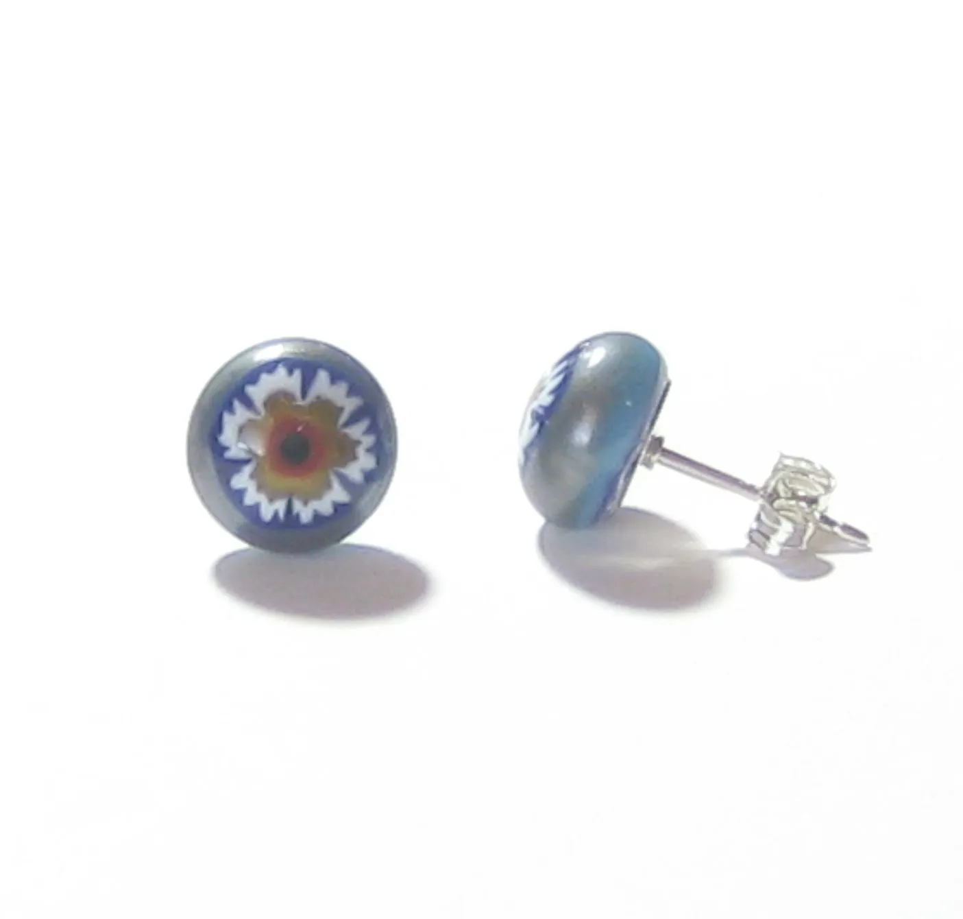 Murano Millefiori Blue Brown Flower Sterling Post Stud Earrings