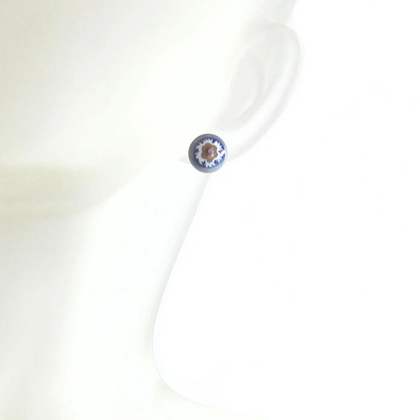 Murano Millefiori Blue Brown Flower Sterling Post Stud Earrings